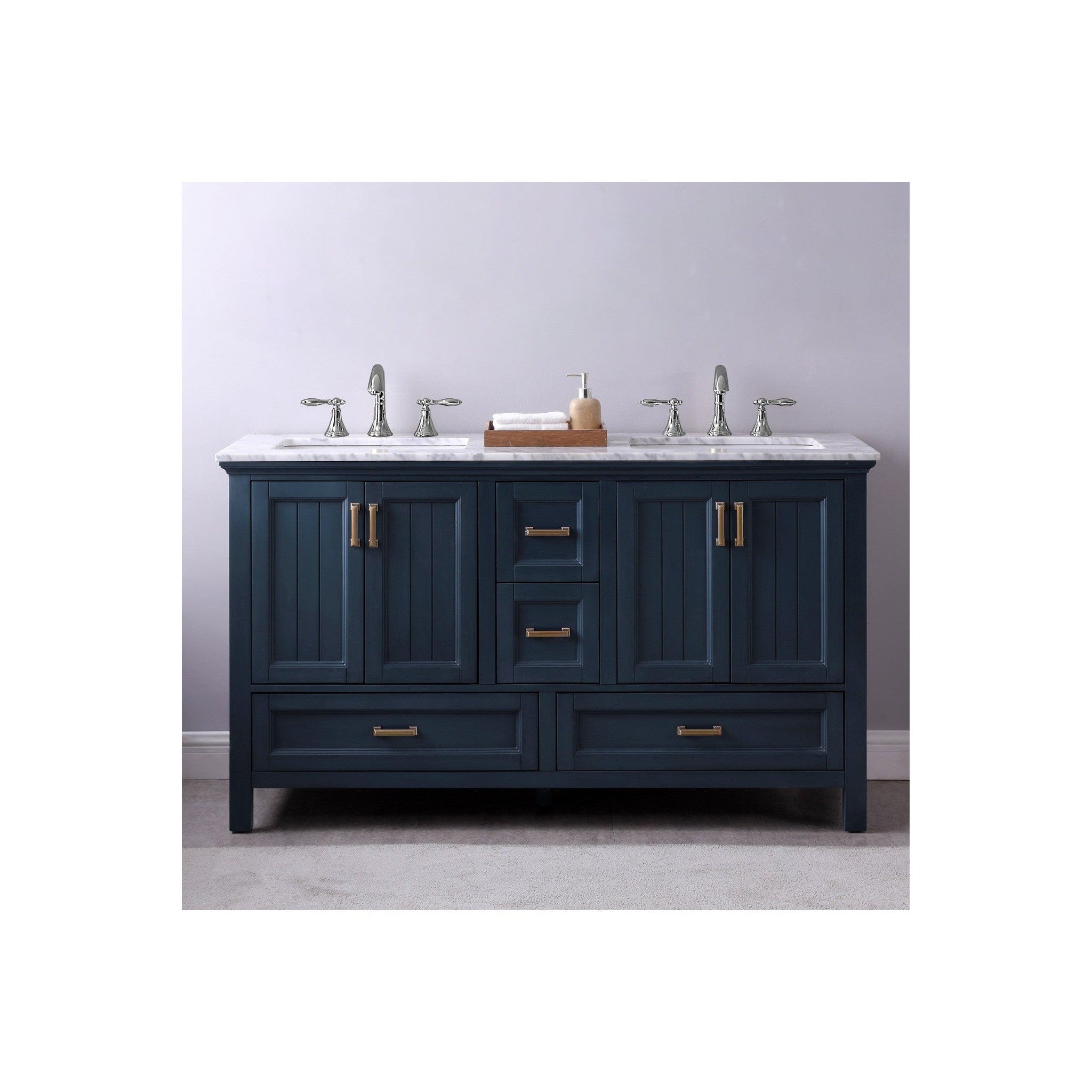 Isla 60" Double Bathroom Vanity Set in Classic Blue and Carrara White Marble Countertop without Mirror