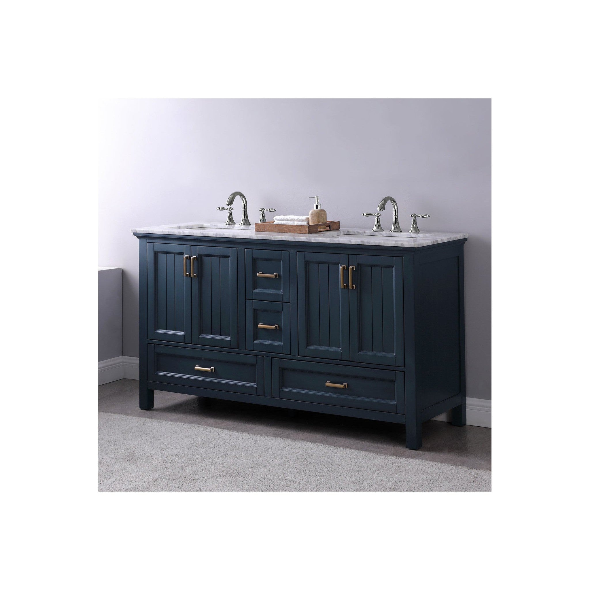 Isla 60" Double Bathroom Vanity Set in Classic Blue and Carrara White Marble Countertop without Mirror