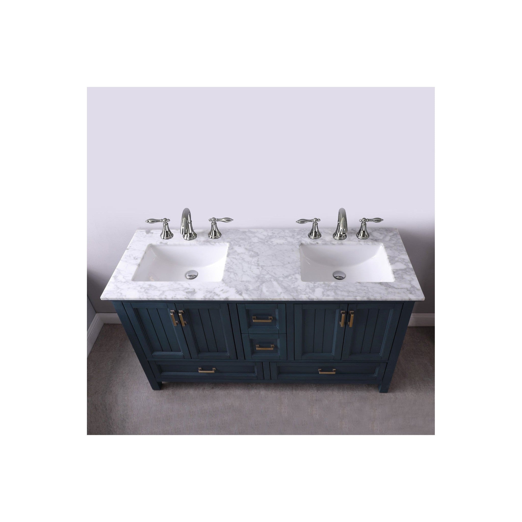 Isla 60" Double Bathroom Vanity Set in Classic Blue and Carrara White Marble Countertop without Mirror