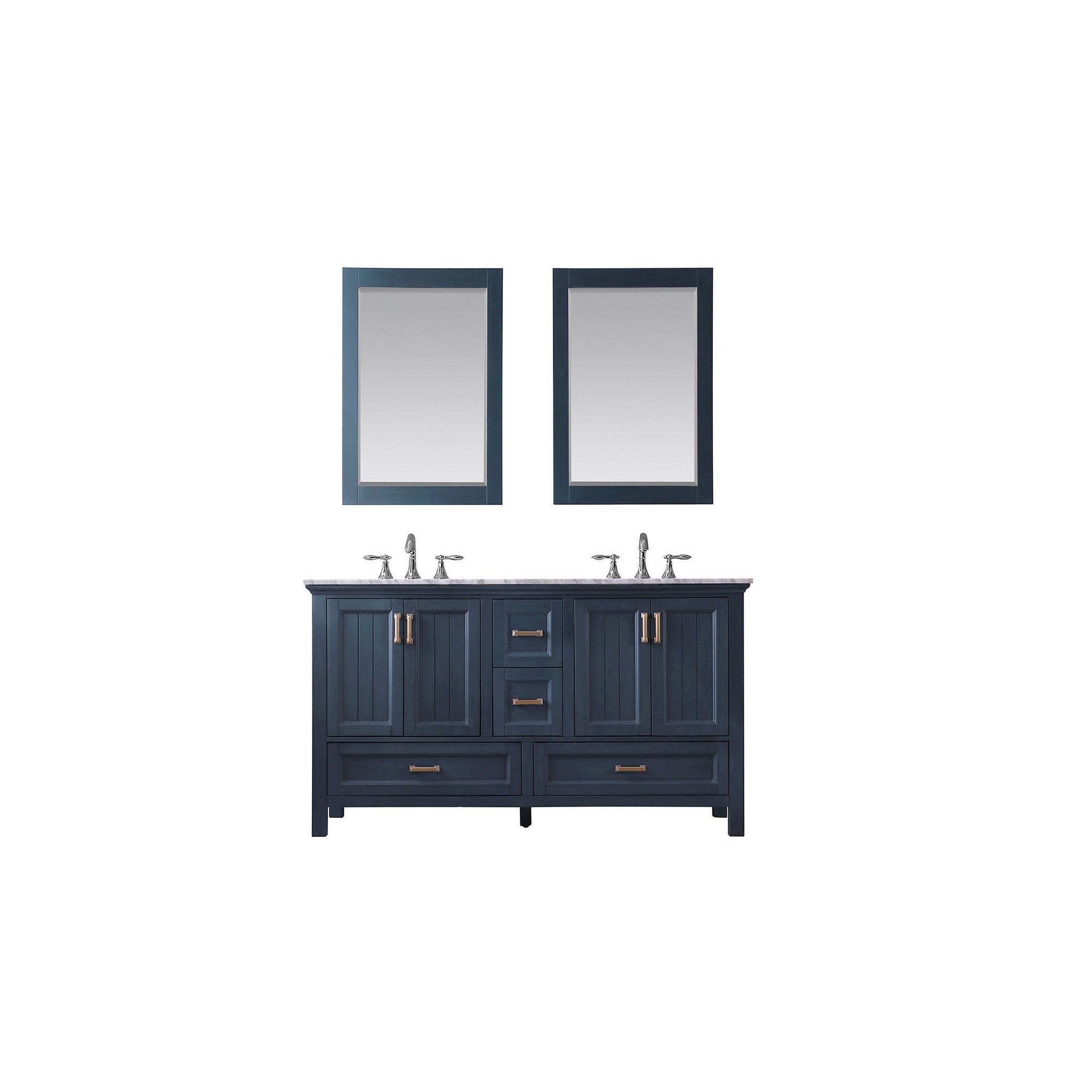 Isla 60" Double Bathroom Vanity Set in Classic Blue and Carrara White Marble Countertop with Mirror