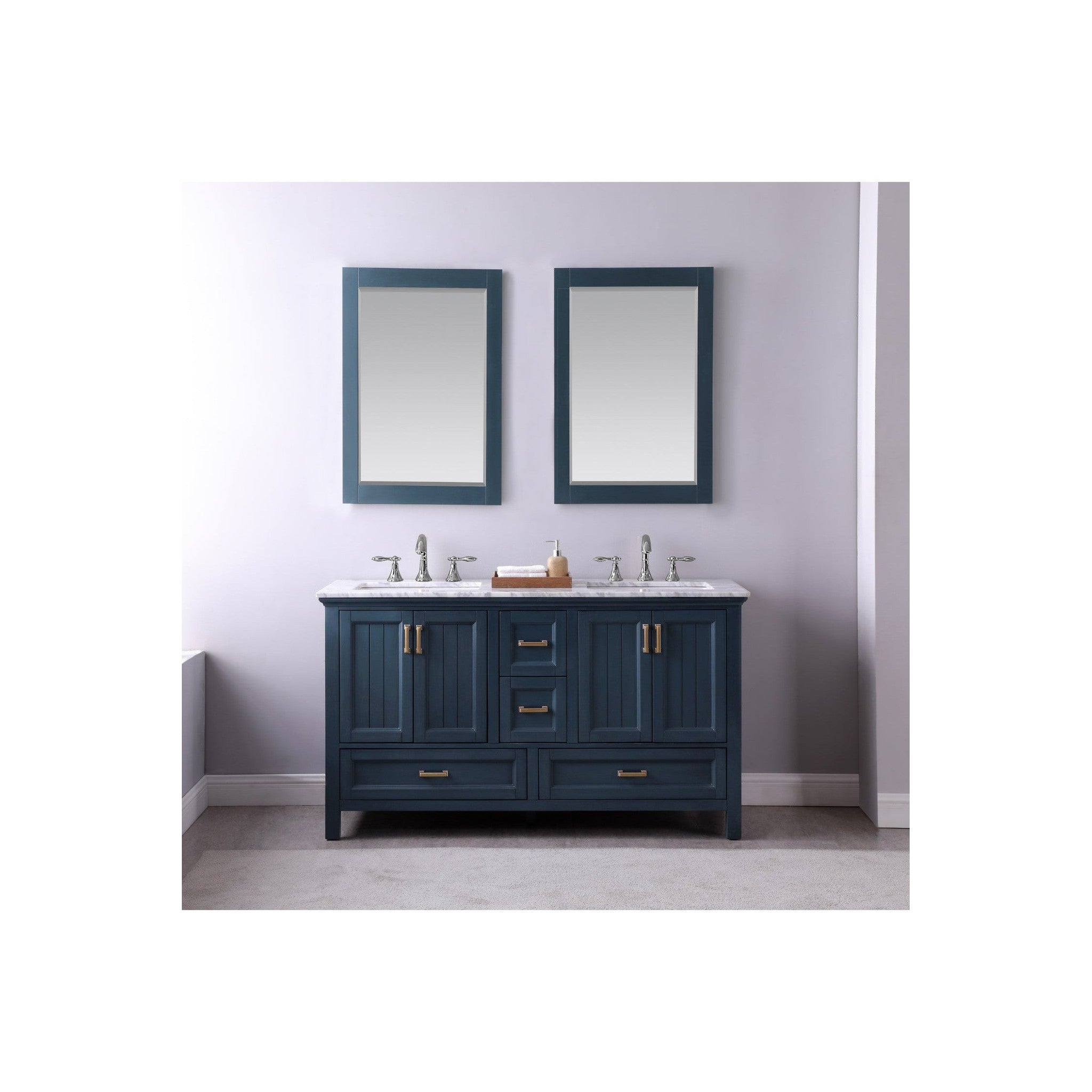 Isla 60" Double Bathroom Vanity Set in Classic Blue and Carrara White Marble Countertop with Mirror