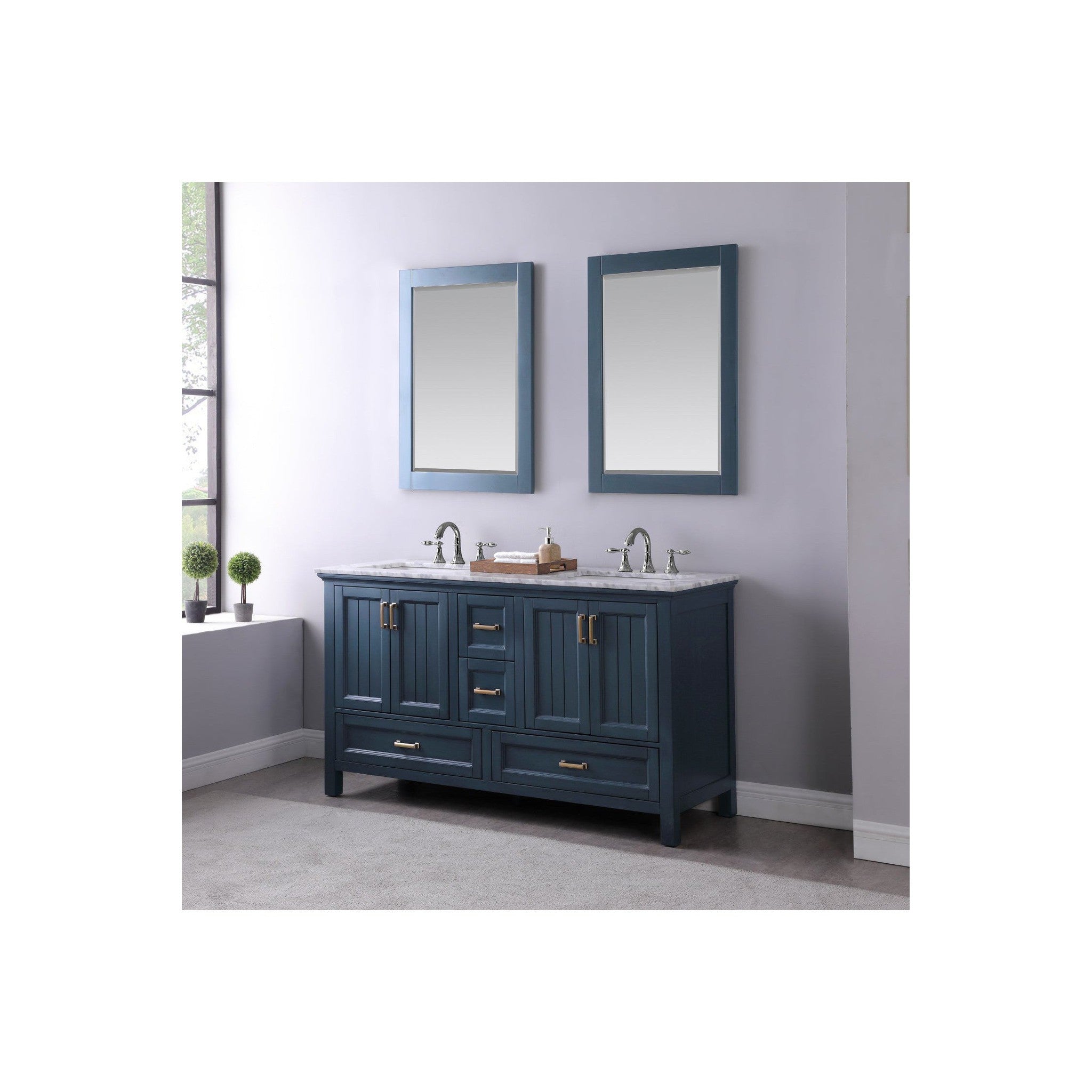 Isla 60" Double Bathroom Vanity Set in Classic Blue and Carrara White Marble Countertop with Mirror