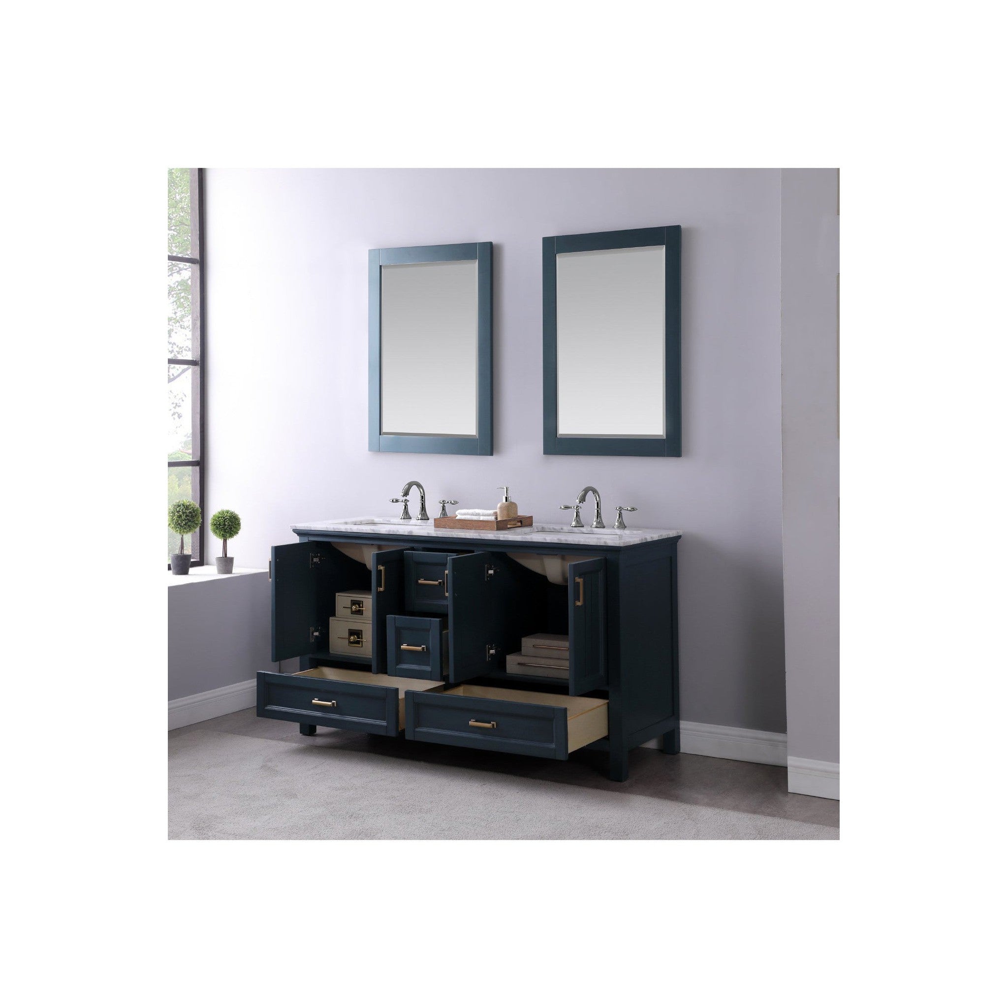 Isla 60" Double Bathroom Vanity Set in Classic Blue and Carrara White Marble Countertop with Mirror