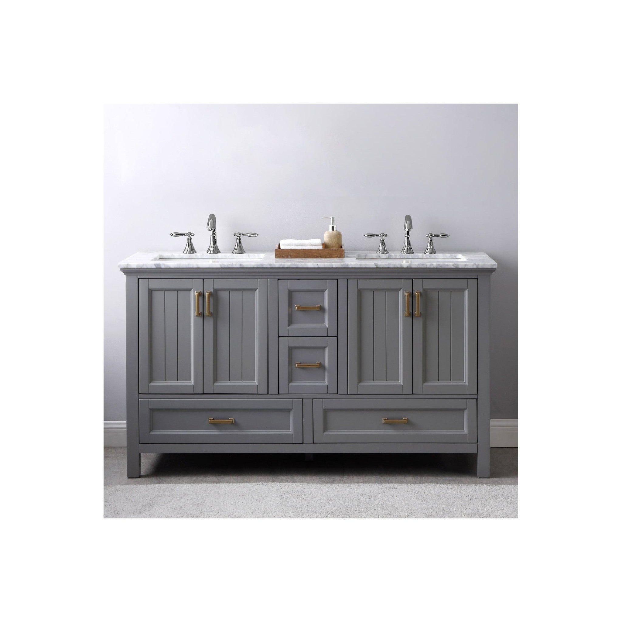 Isla 60" Double Bathroom Vanity Set in Gray and Carrara White Marble Countertop without Mirror