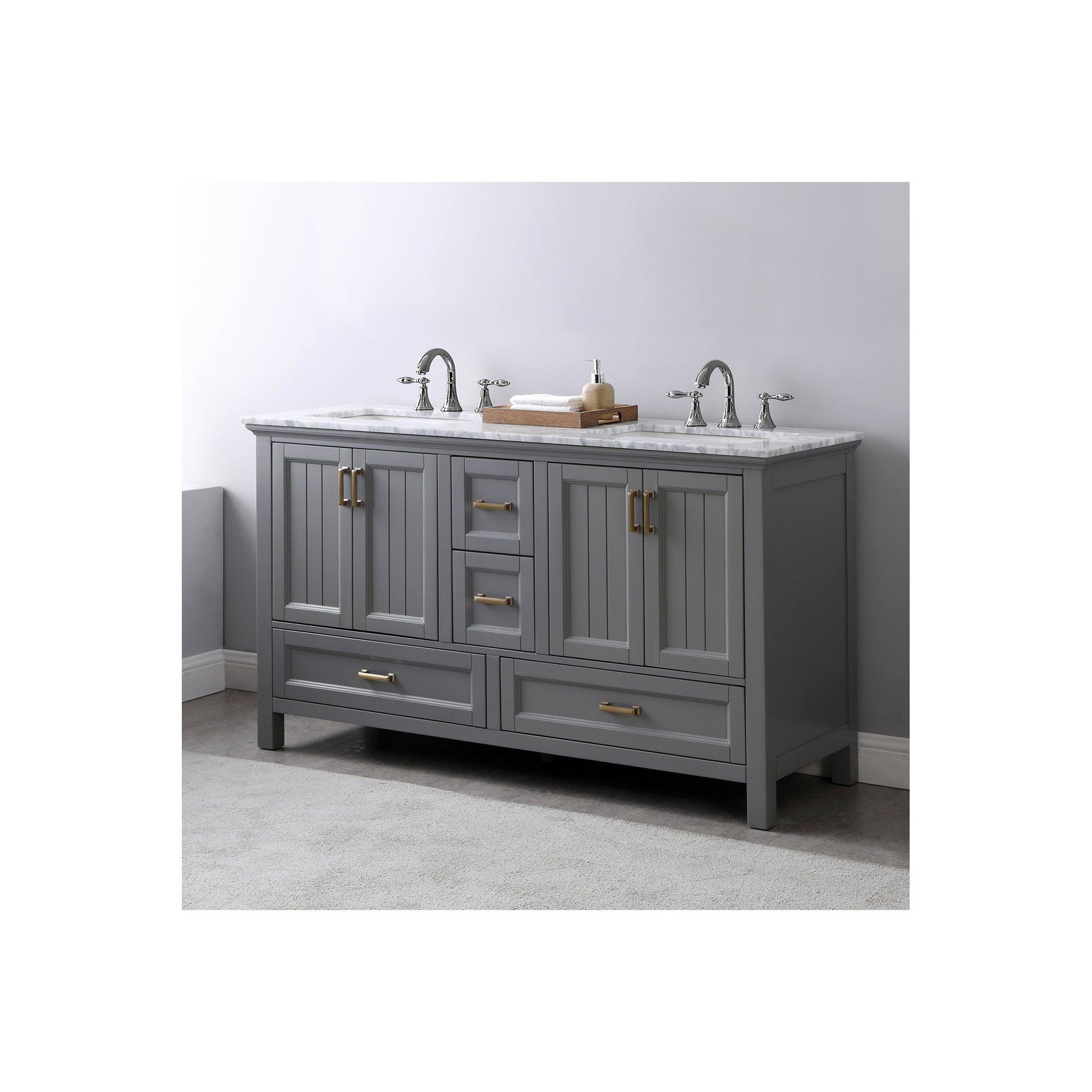 Isla 60" Double Bathroom Vanity Set in Gray and Carrara White Marble Countertop without Mirror