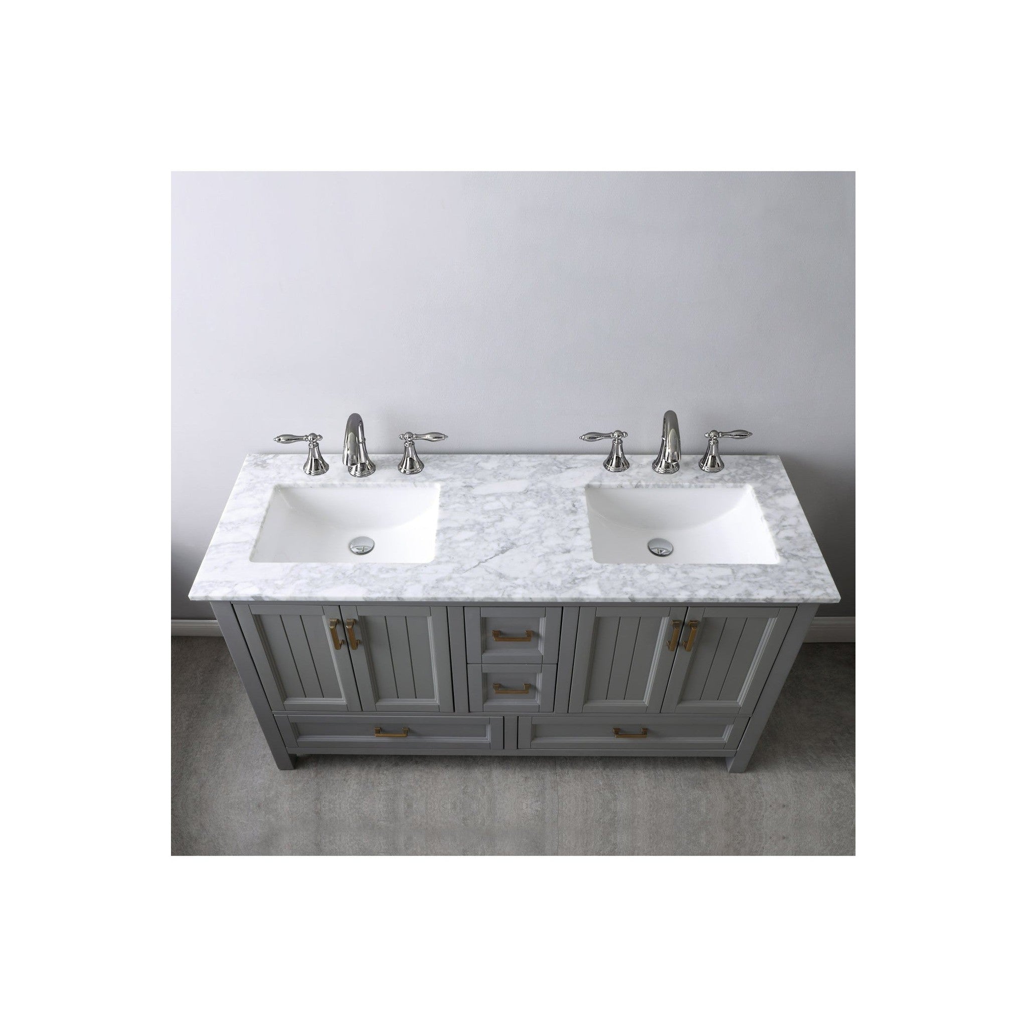 Isla 60" Double Bathroom Vanity Set in Gray and Carrara White Marble Countertop without Mirror