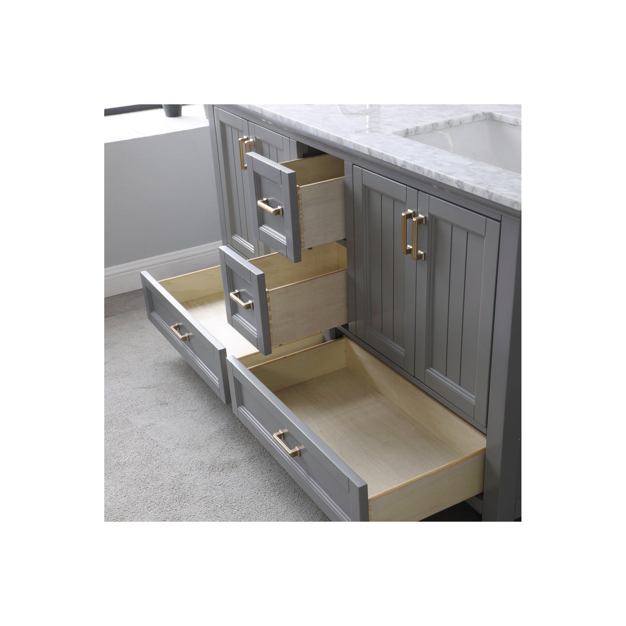 Isla 60" Double Bathroom Vanity Set in Gray and Carrara White Marble Countertop without Mirror