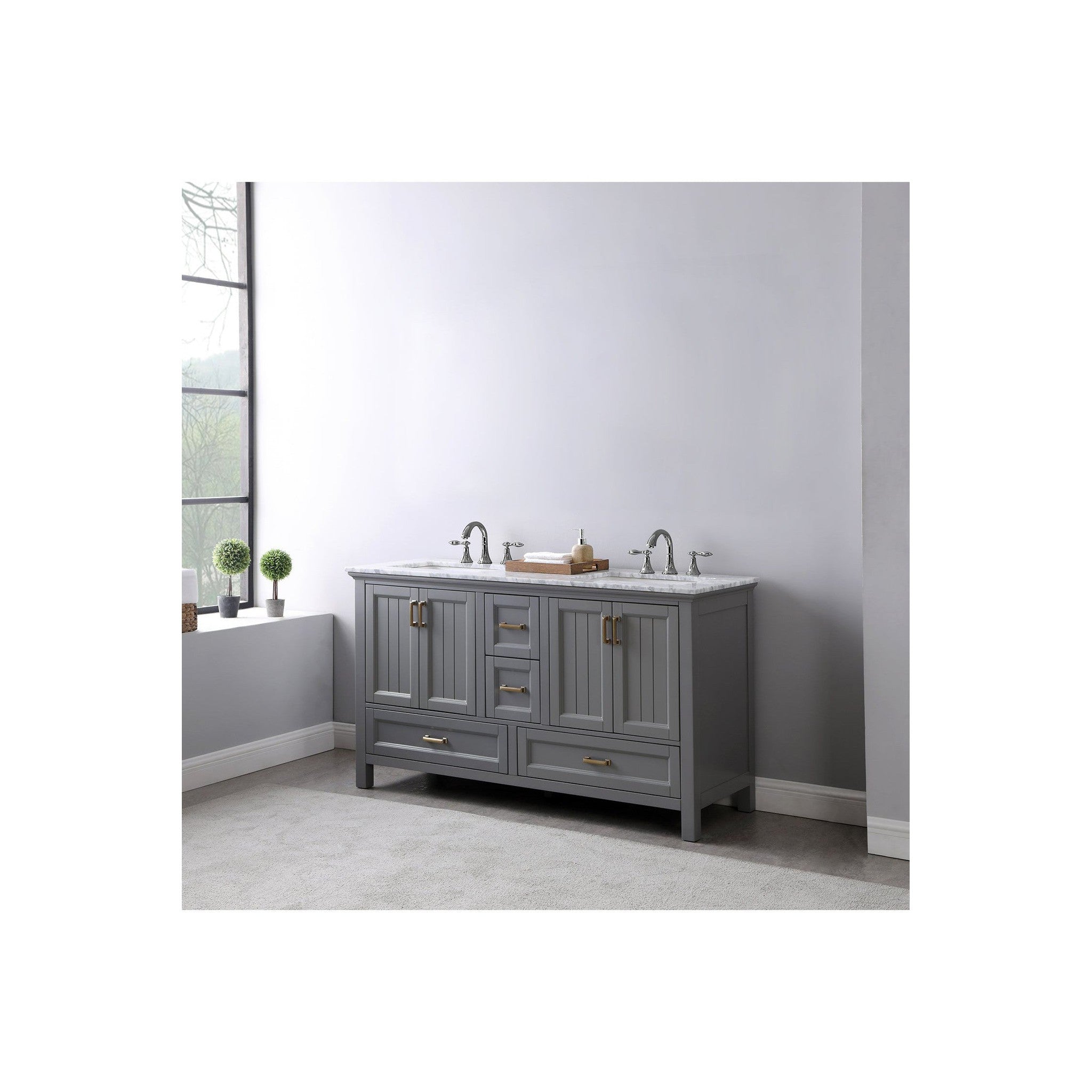 Isla 60" Double Bathroom Vanity Set in Gray and Carrara White Marble Countertop without Mirror