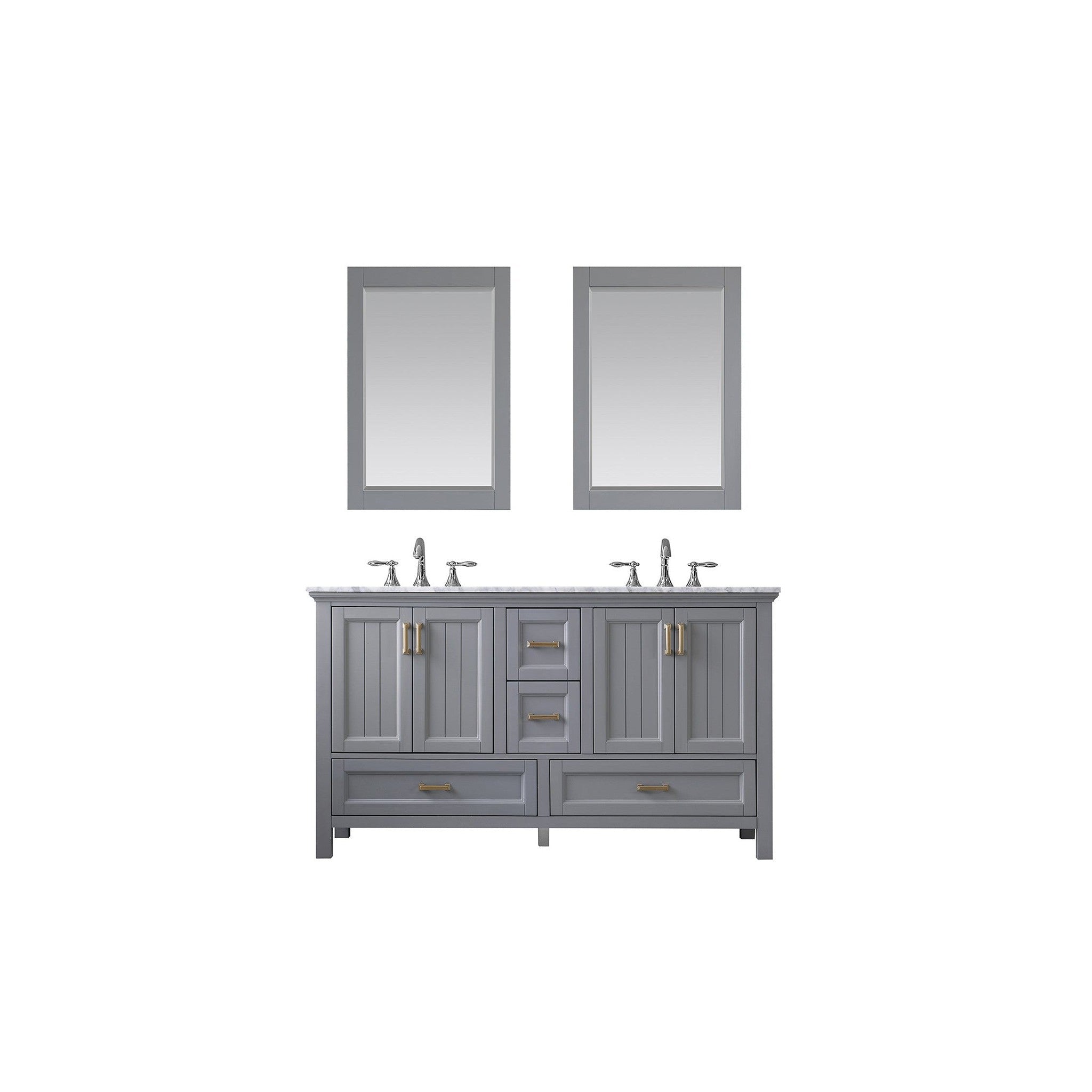 Isla 60" Double Bathroom Vanity Set in Gray and Carrara White Marble Countertop with Mirror