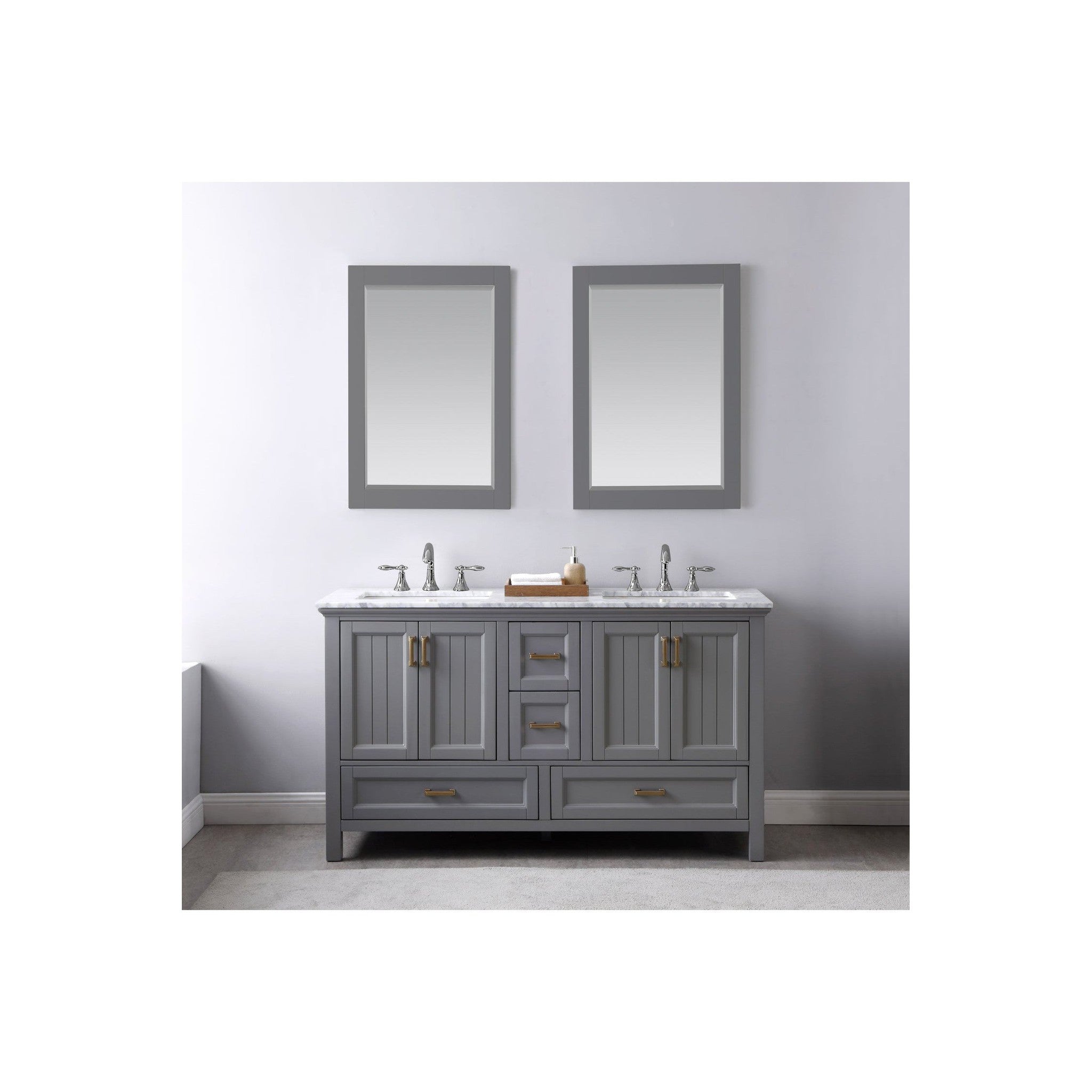 Isla 60" Double Bathroom Vanity Set in Gray and Carrara White Marble Countertop with Mirror