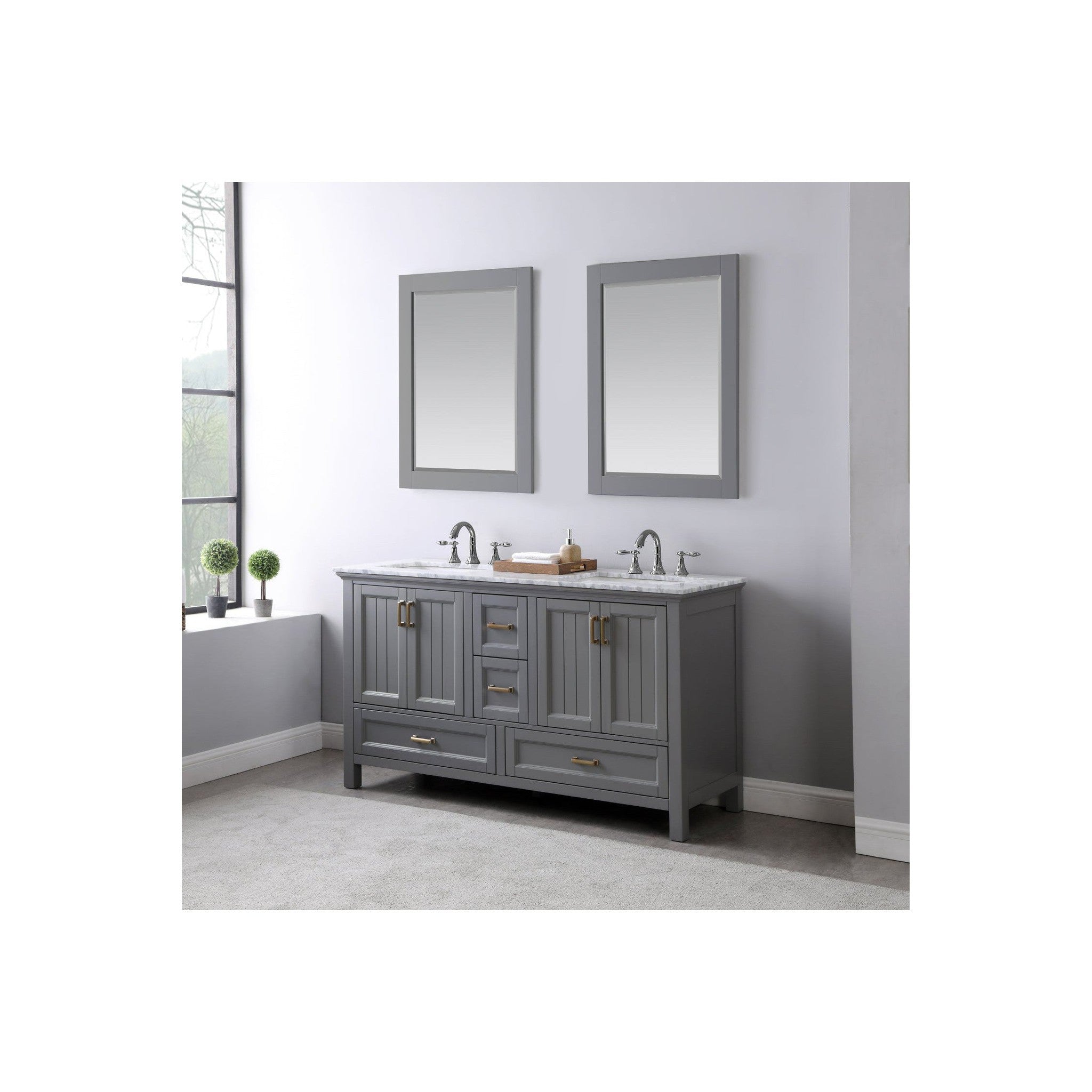 Isla 60" Double Bathroom Vanity Set in Gray and Carrara White Marble Countertop with Mirror