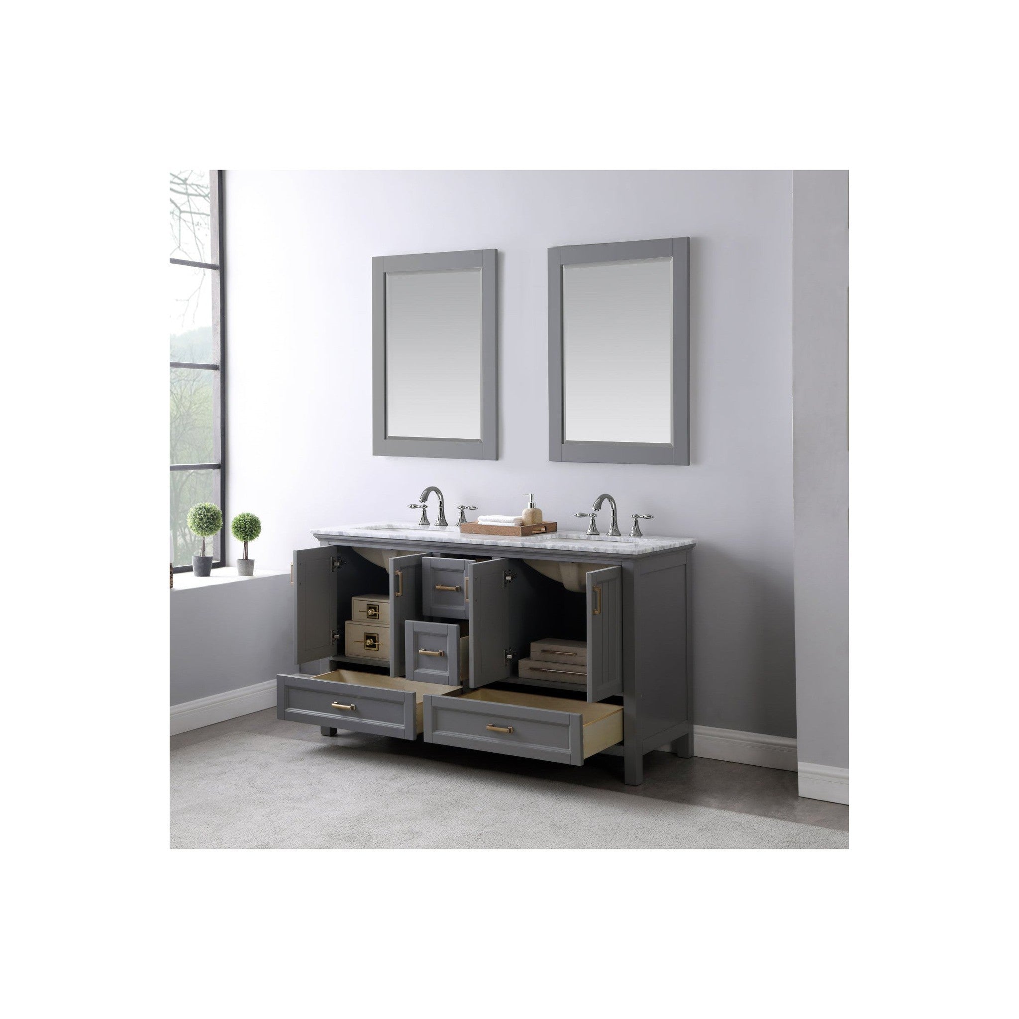 Isla 60" Double Bathroom Vanity Set in Gray and Carrara White Marble Countertop with Mirror