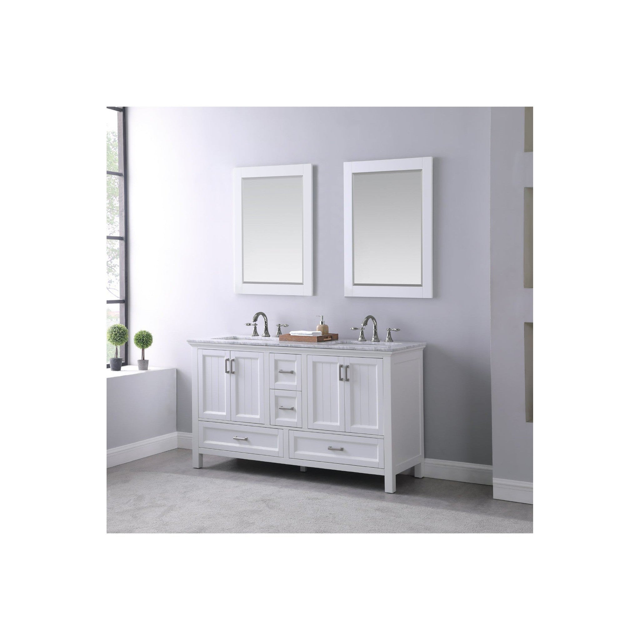 Isla 60" Double Bathroom Vanity Set in White and Carrara White Marble Countertop with Mirror