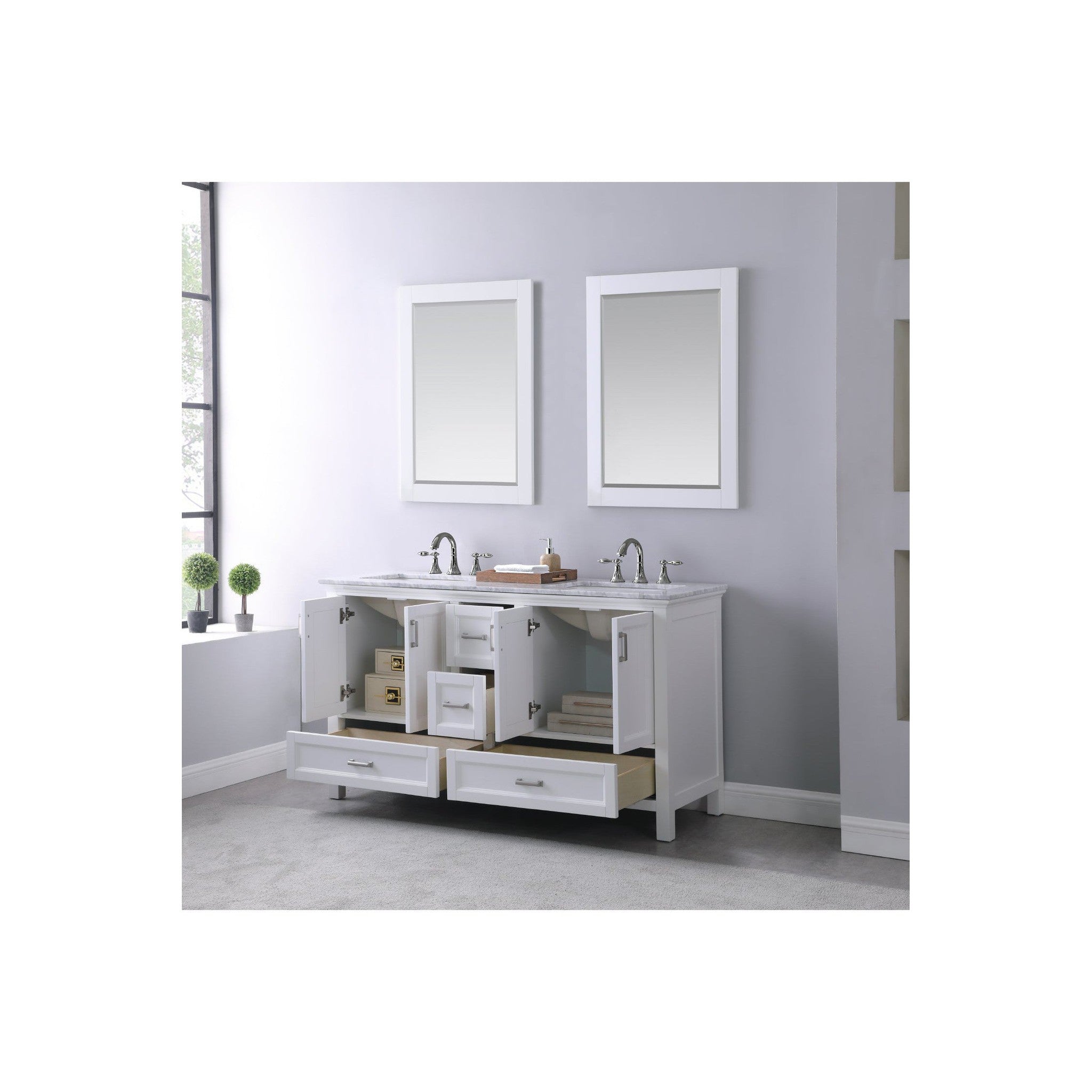 Isla 60" Double Bathroom Vanity Set in White and Carrara White Marble Countertop with Mirror