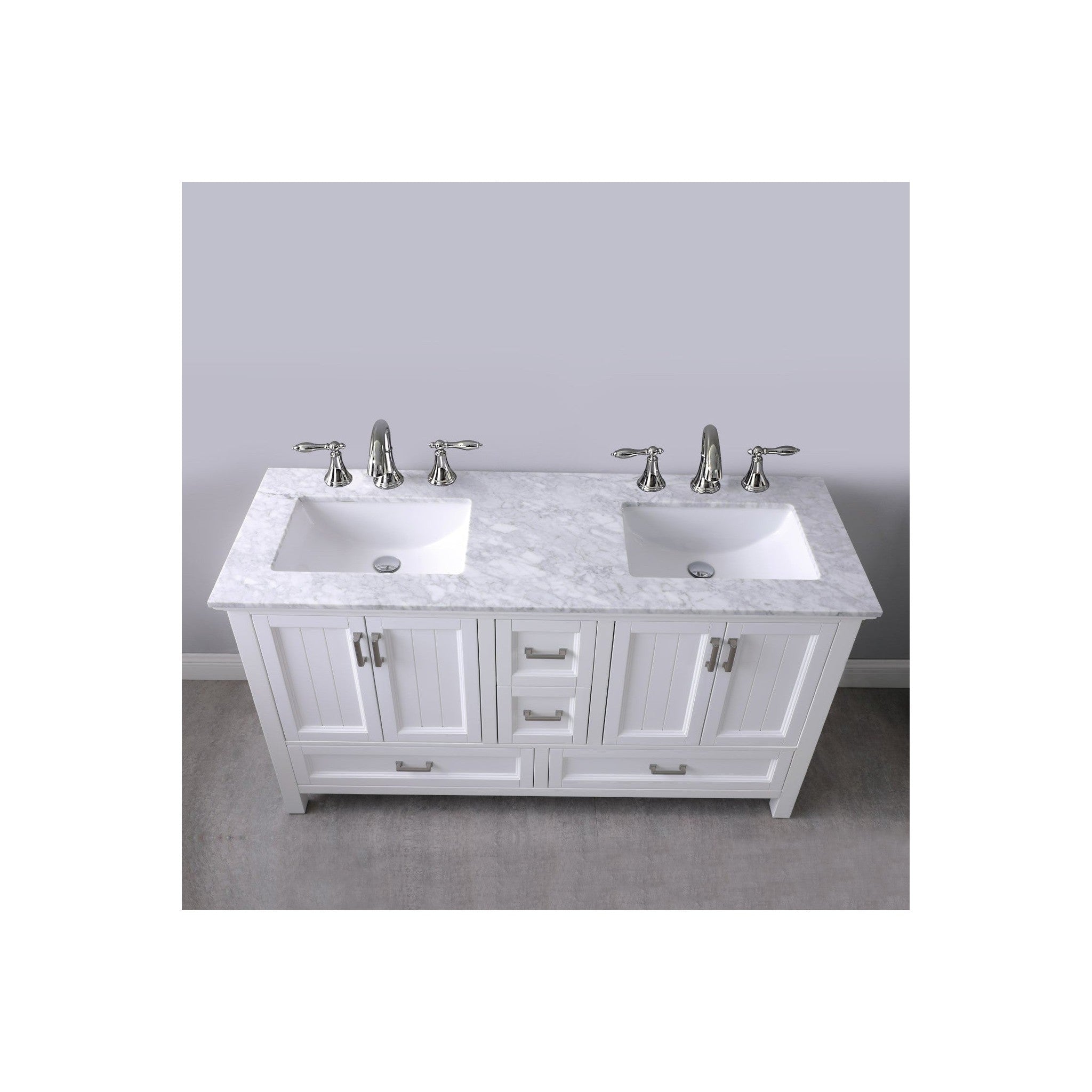 Isla 60" Double Bathroom Vanity Set in White and Carrara White Marble Countertop with Mirror