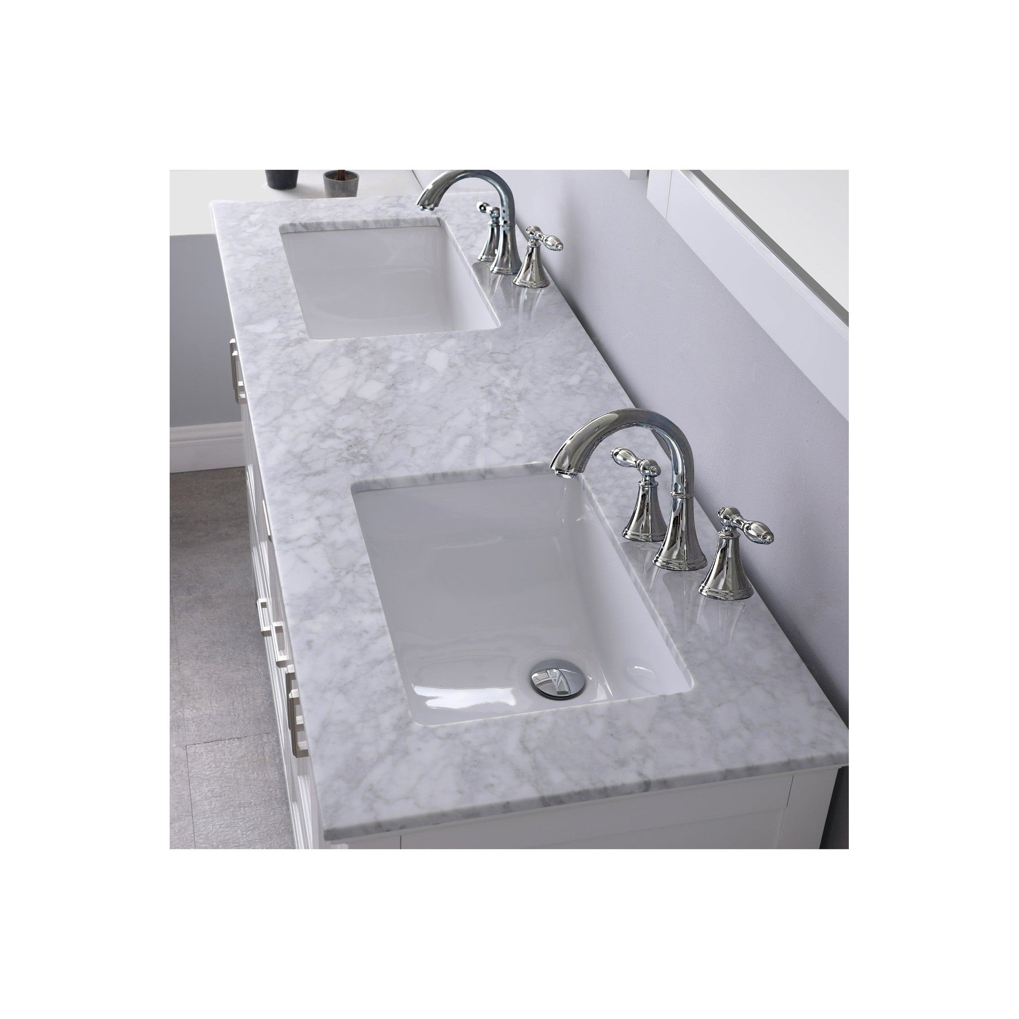 Isla 60" Double Bathroom Vanity Set in White and Carrara White Marble Countertop with Mirror