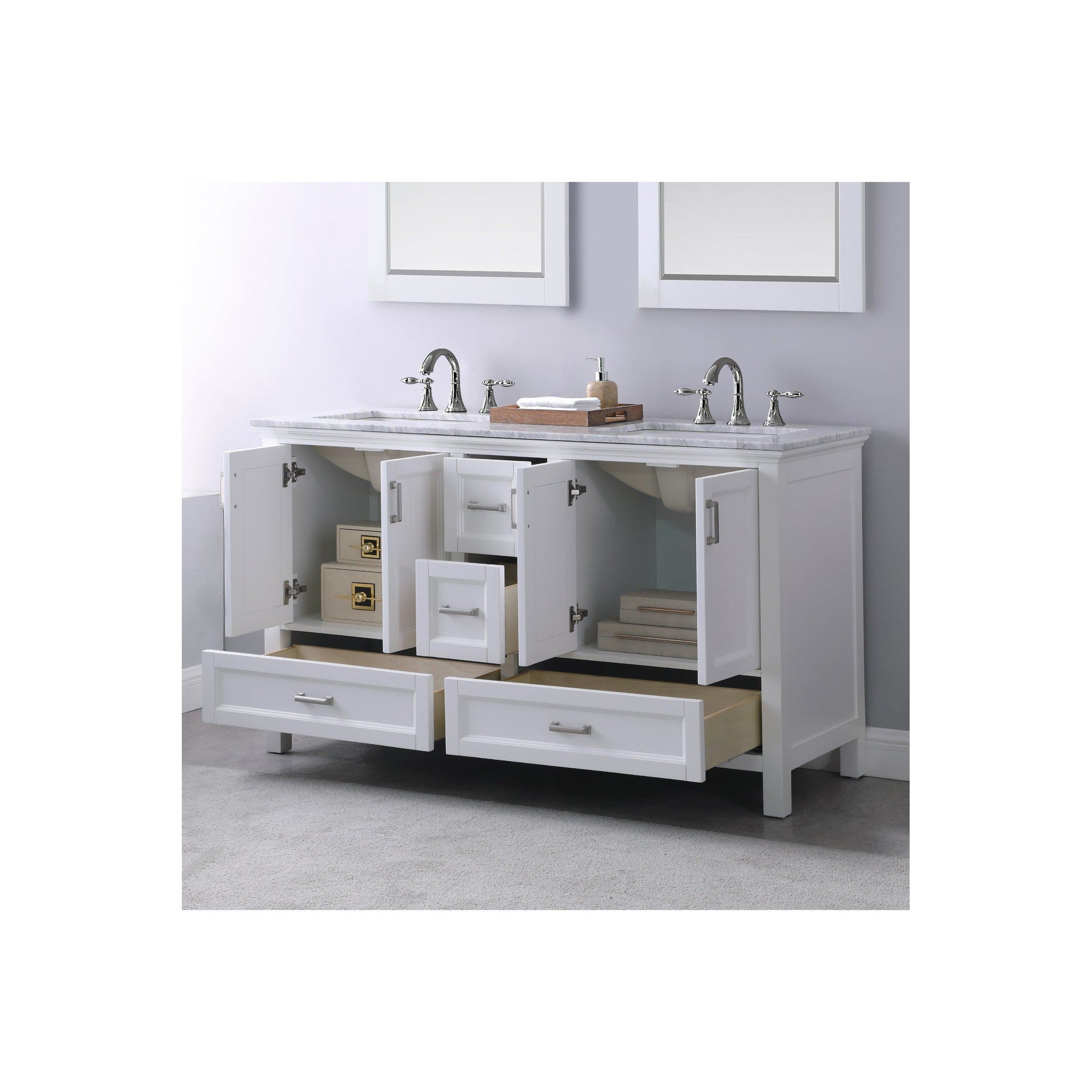 Isla 60" Double Bathroom Vanity Set in White and Carrara White Marble Countertop with Mirror