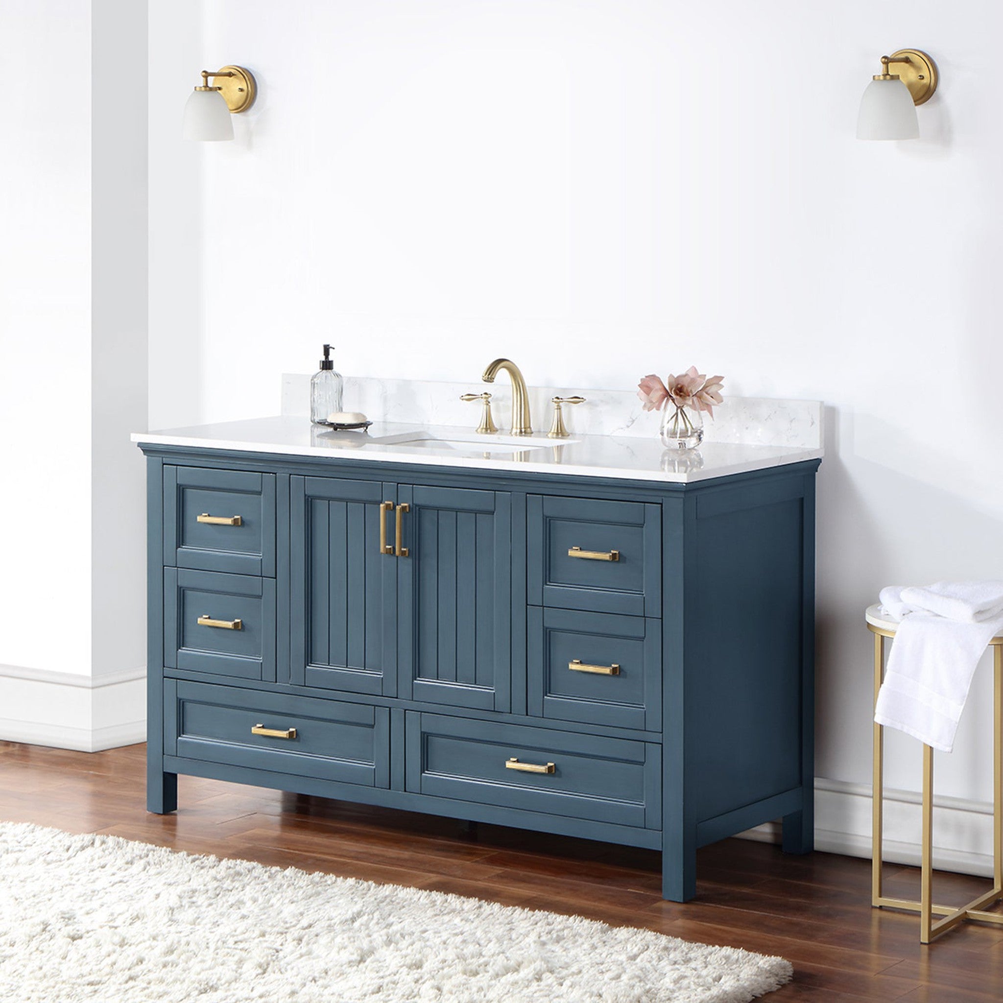 Isla 60" Single Bathroom Vanity Set in Classic Blue and Composite Carrara White Stone Countertop without Mirror