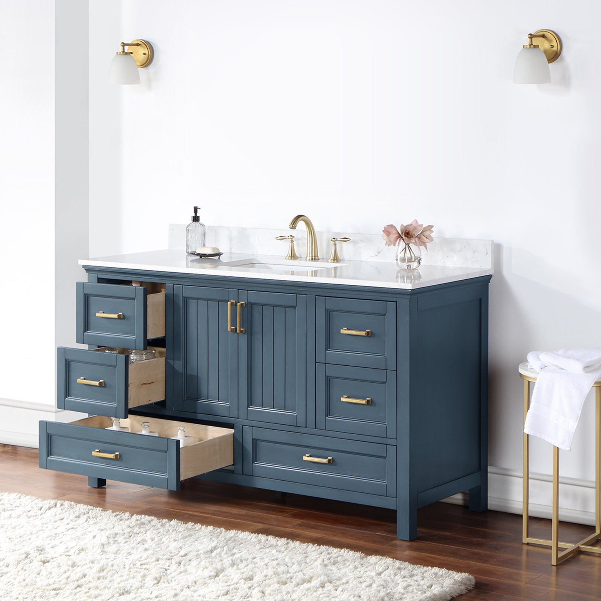 Isla 60" Single Bathroom Vanity Set in Classic Blue and Composite Carrara White Stone Countertop without Mirror