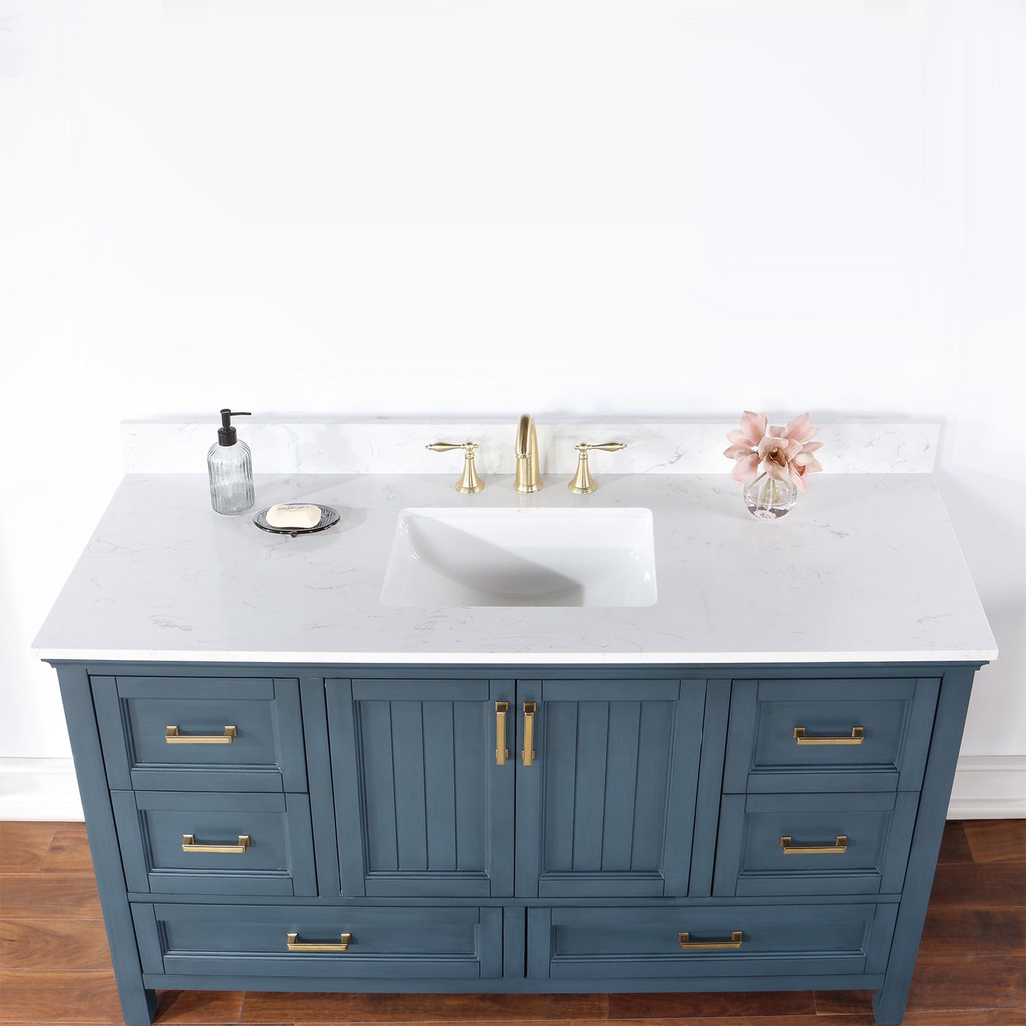 Isla 60" Single Bathroom Vanity Set in Classic Blue and Composite Carrara White Stone Countertop without Mirror