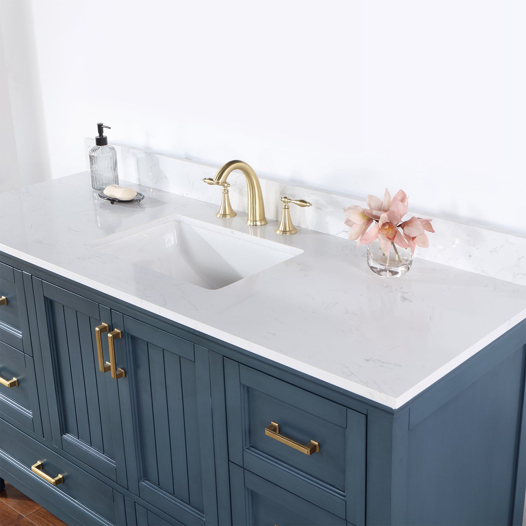 Isla 60" Single Bathroom Vanity Set in Classic Blue and Composite Carrara White Stone Countertop without Mirror