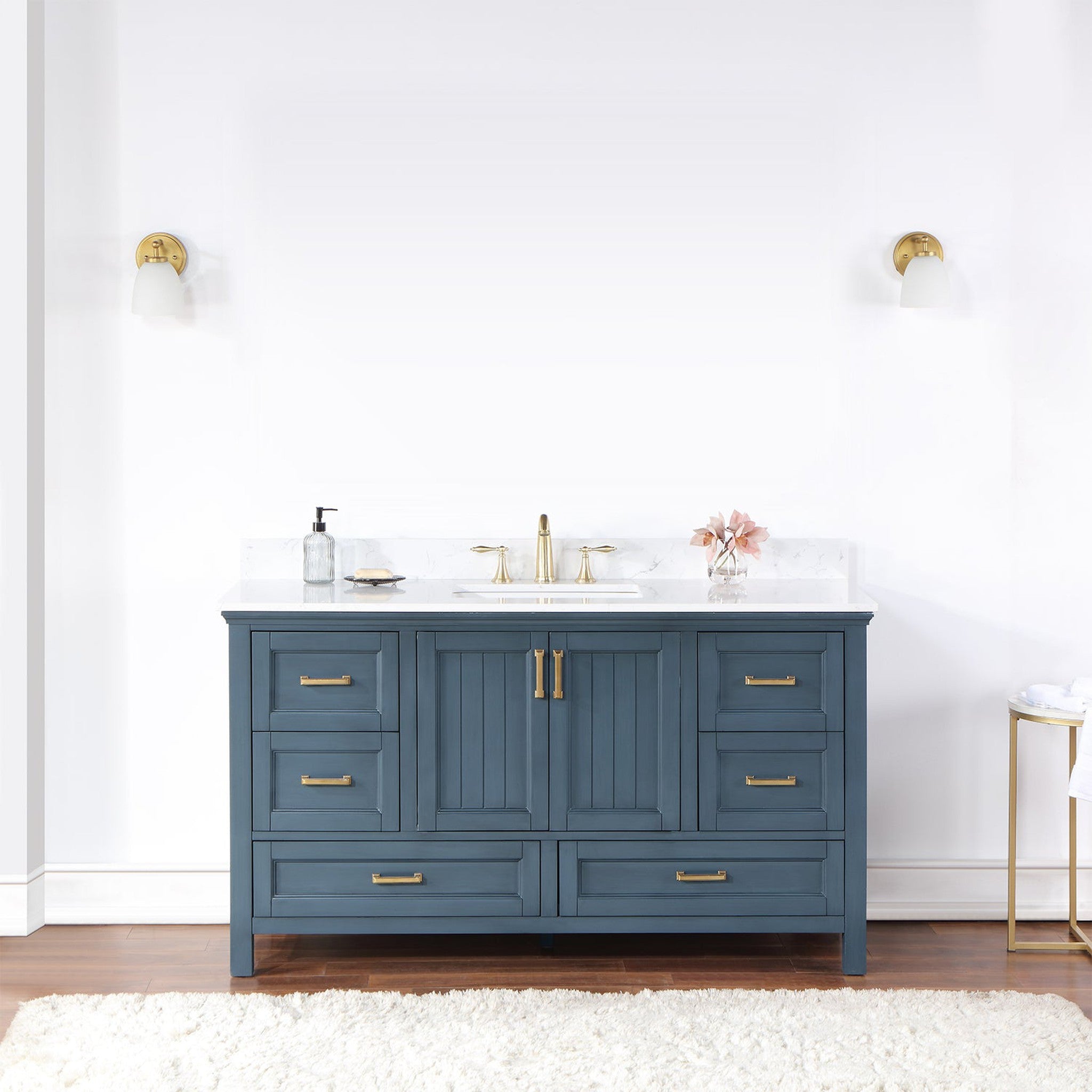 Isla 60" Single Bathroom Vanity Set in Classic Blue and Composite Carrara White Stone Countertop without Mirror