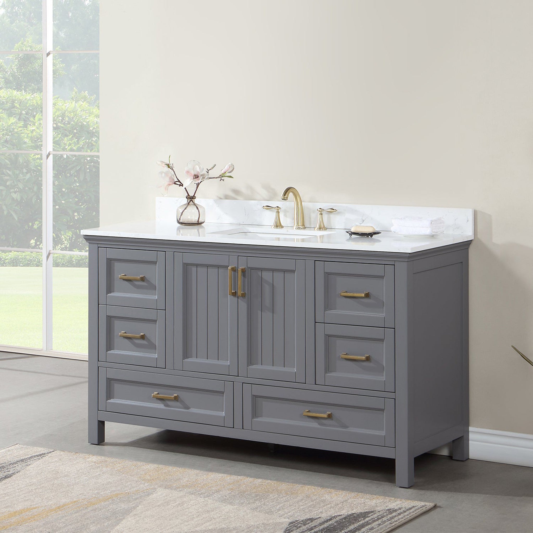 Isla 60" Single Bathroom Vanity Set in Gray and Composite Carrara White Stone Countertop without Mirror