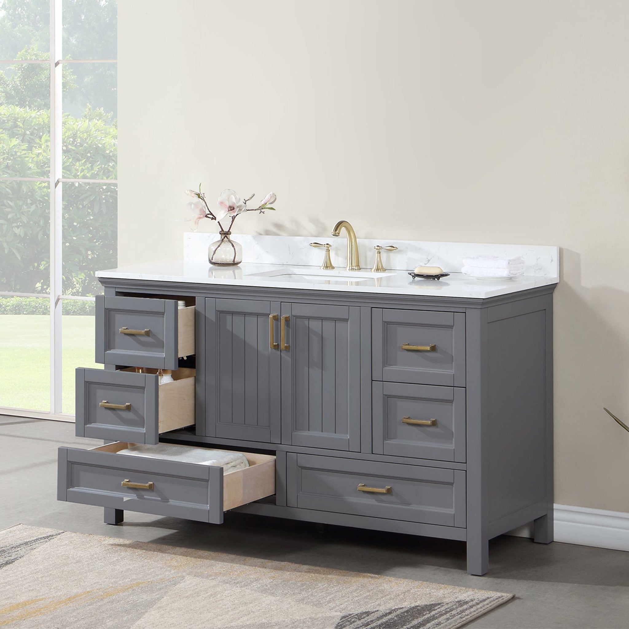 Isla 60" Single Bathroom Vanity Set in Gray and Composite Carrara White Stone Countertop without Mirror