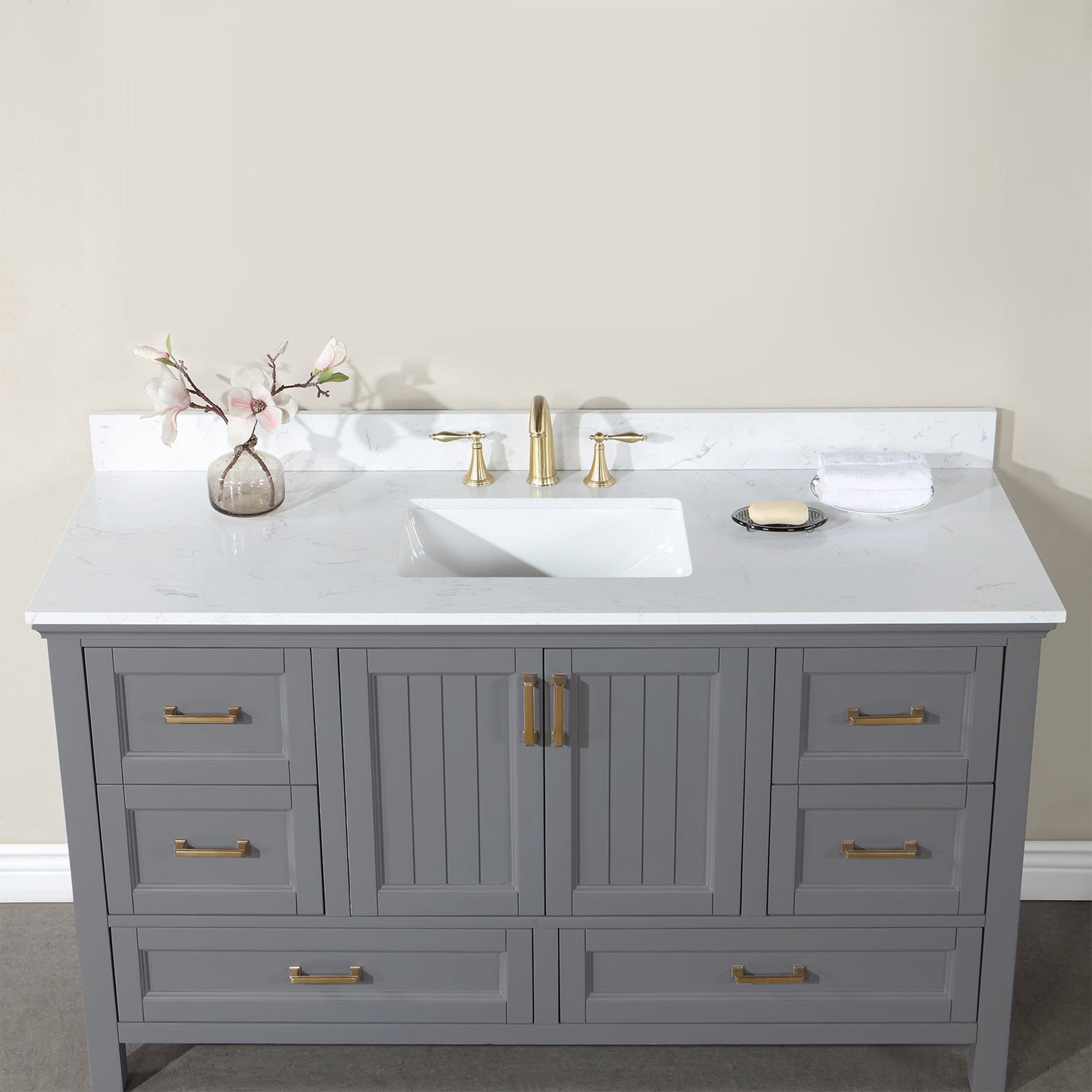 Isla 60" Single Bathroom Vanity Set in Gray and Composite Carrara White Stone Countertop without Mirror