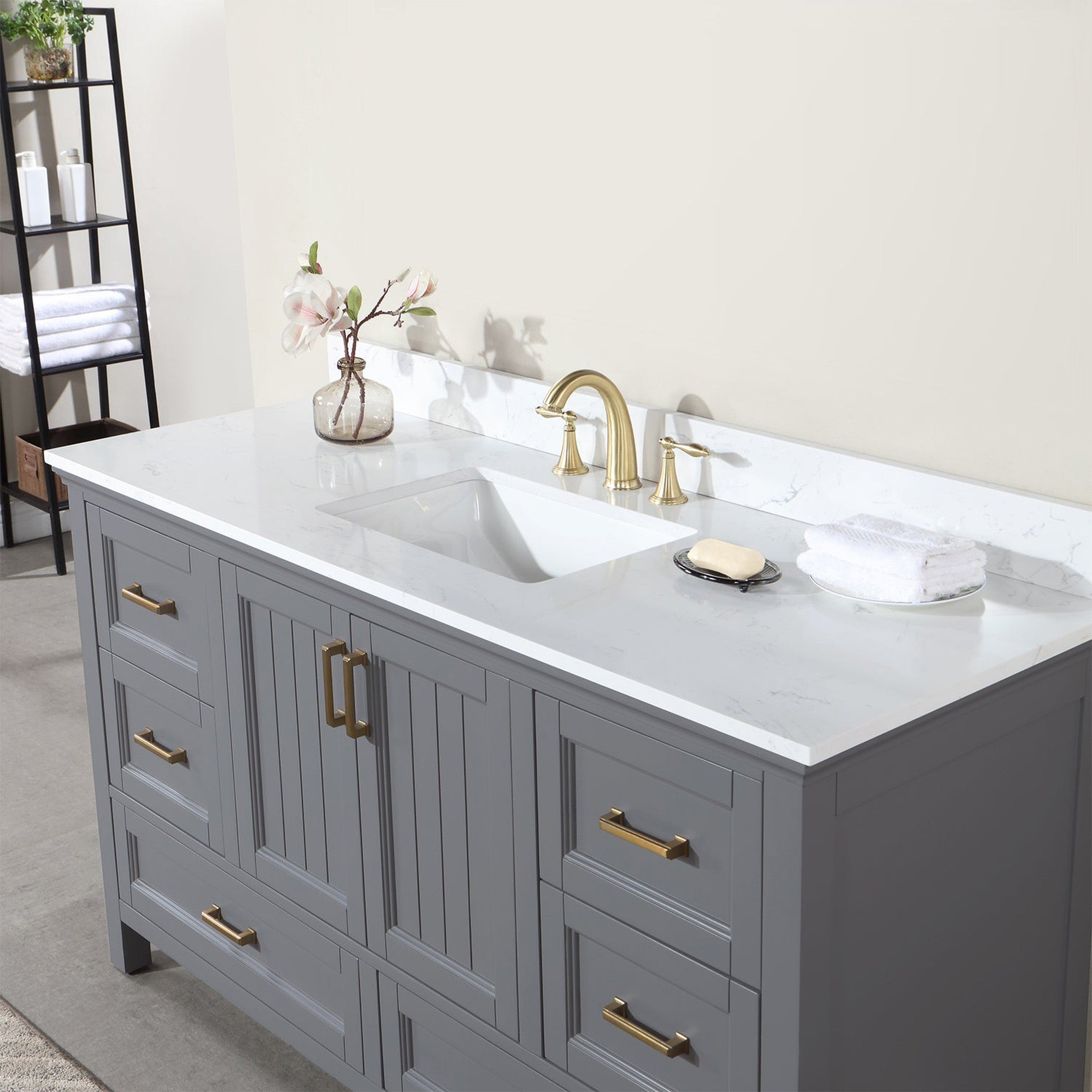 Isla 60" Single Bathroom Vanity Set in Gray and Composite Carrara White Stone Countertop without Mirror