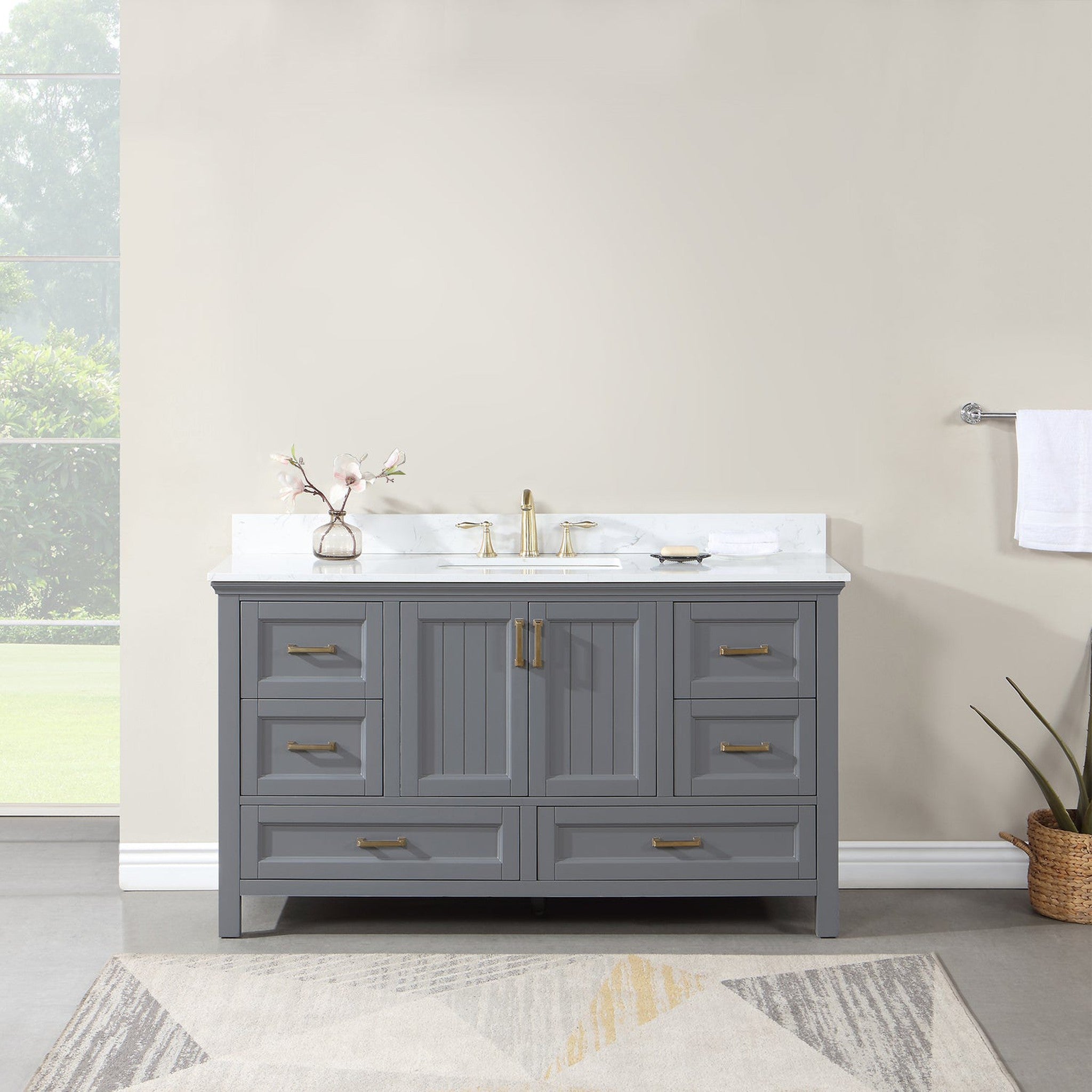 Isla 60" Single Bathroom Vanity Set in Gray and Composite Carrara White Stone Countertop without Mirror