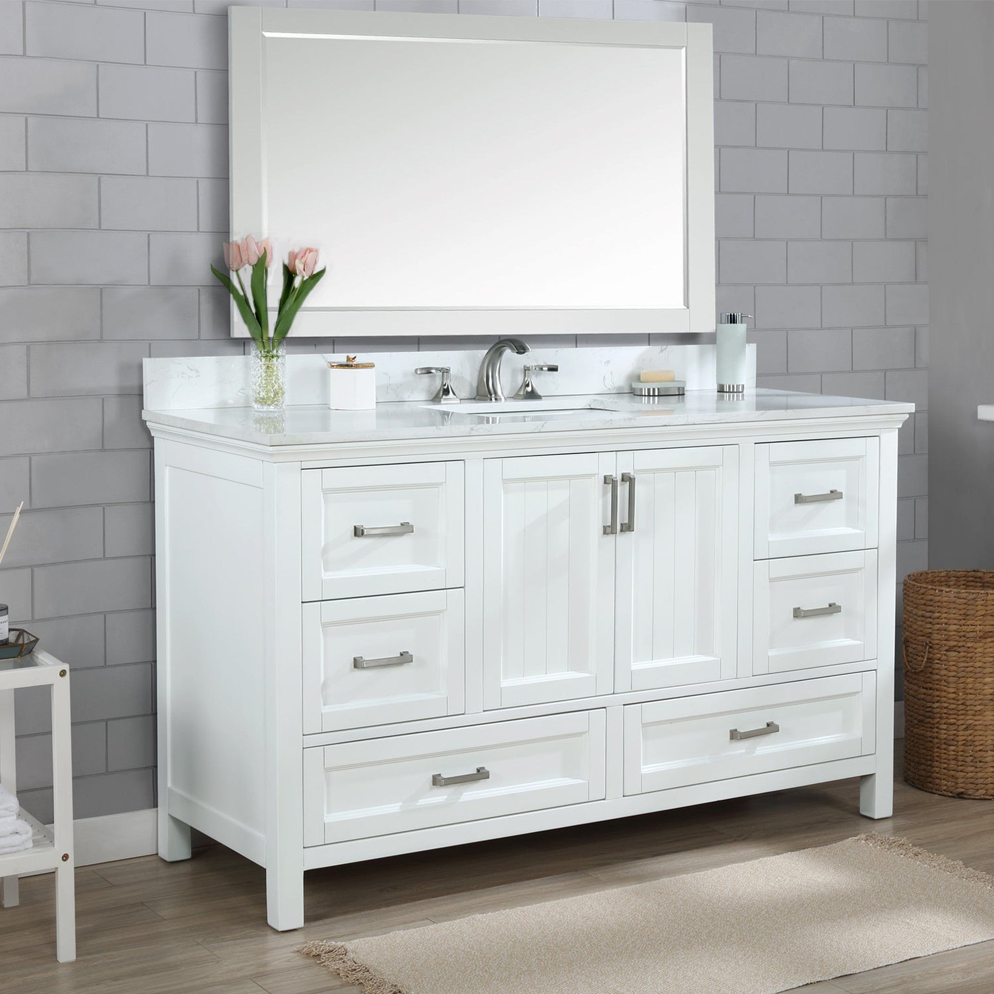 Isla 60" Single Bathroom Vanity Set in White and Carrara White Marble Countertop with Mirror