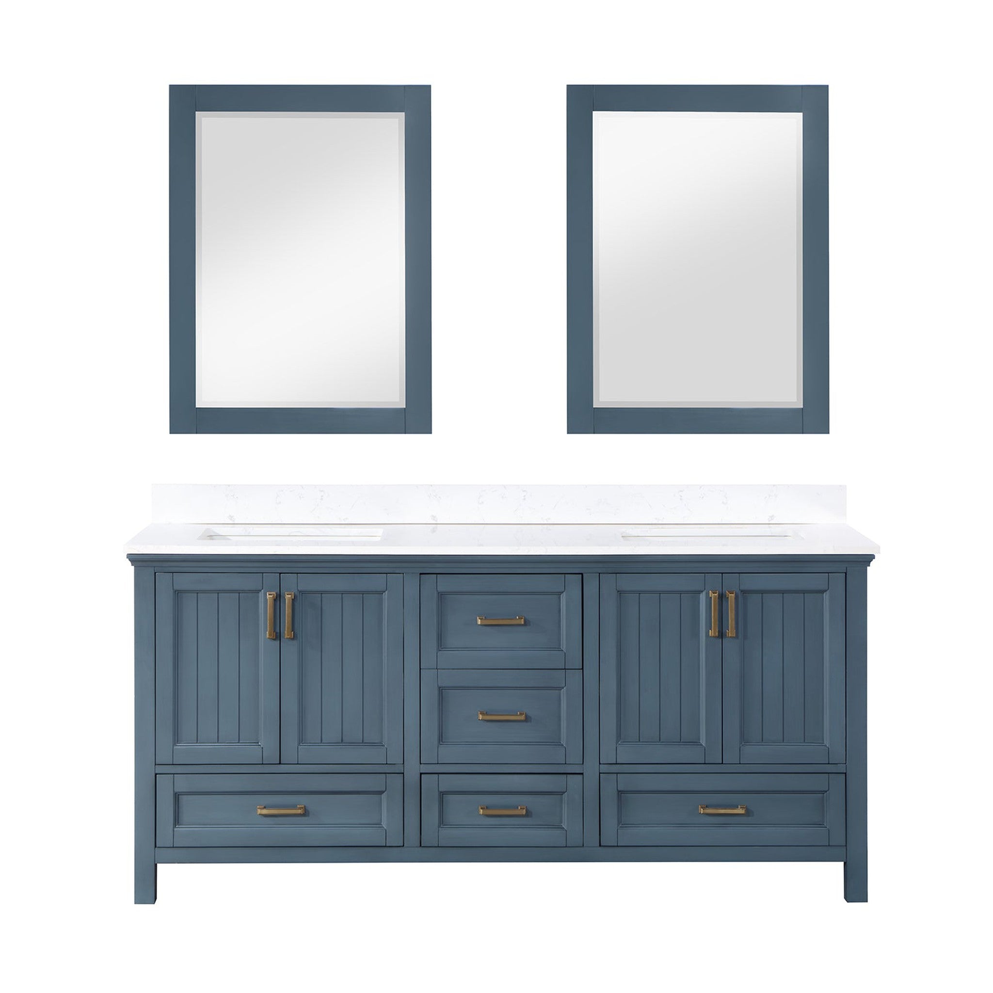 Isla 72" Double Bathroom Vanity Set in Classic Blue and Composite Carrara White Stone Countertop with Mirror