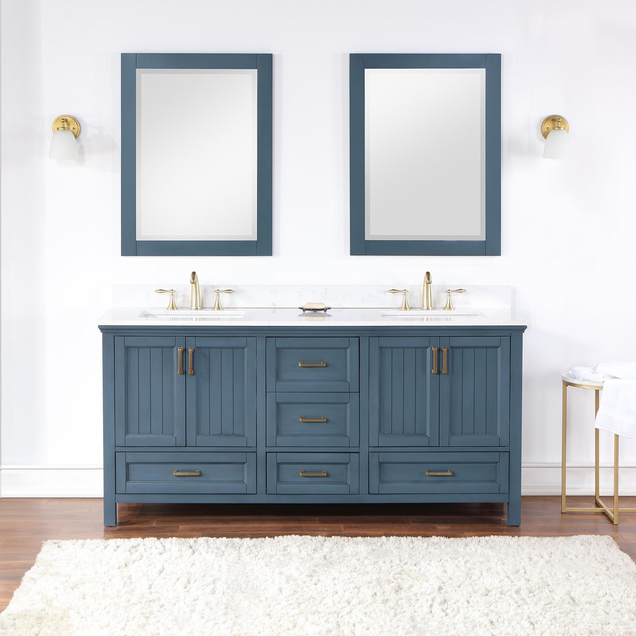 Isla 72" Double Bathroom Vanity Set in Classic Blue and Composite Carrara White Stone Countertop with Mirror