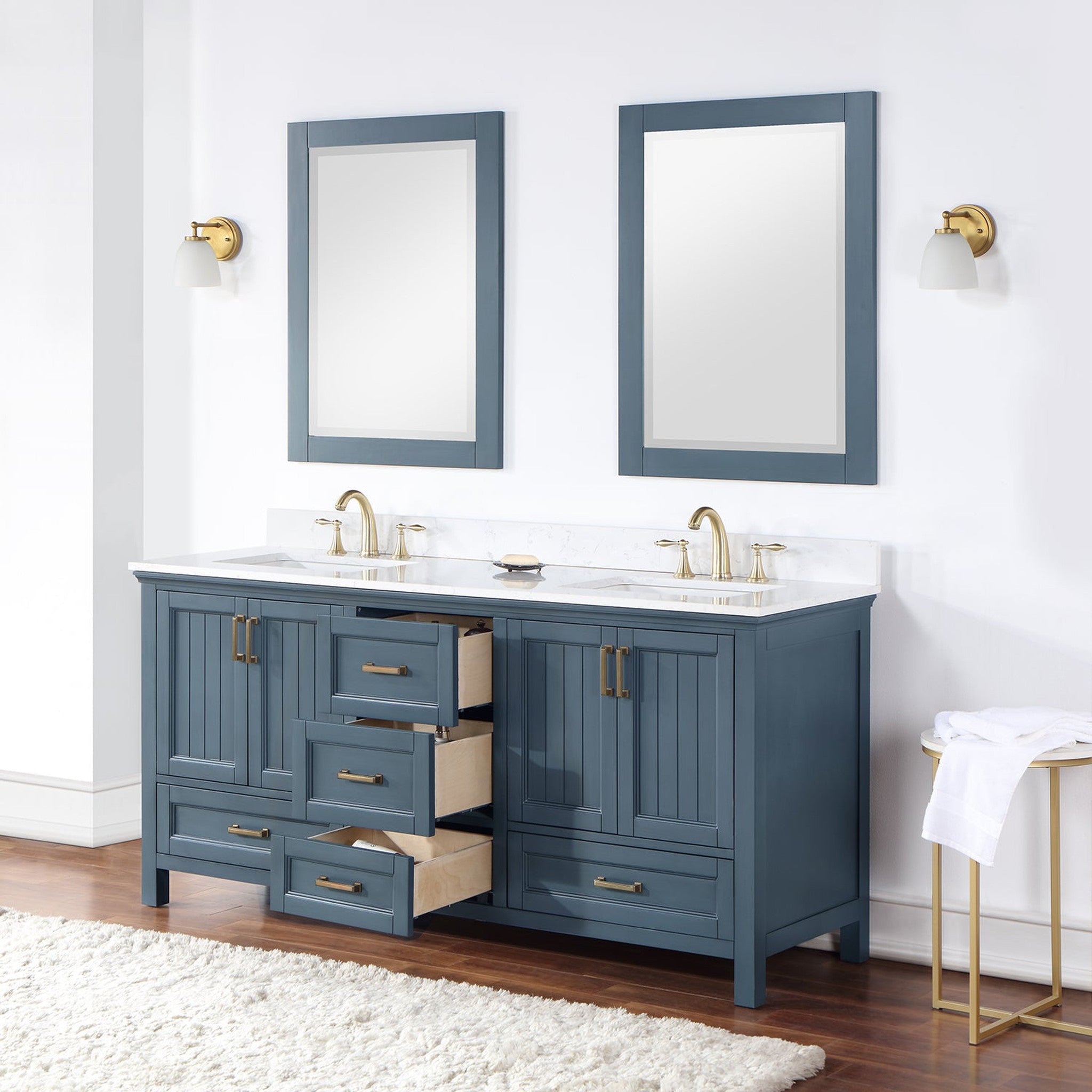 Isla 72" Double Bathroom Vanity Set in Classic Blue and Composite Carrara White Stone Countertop with Mirror