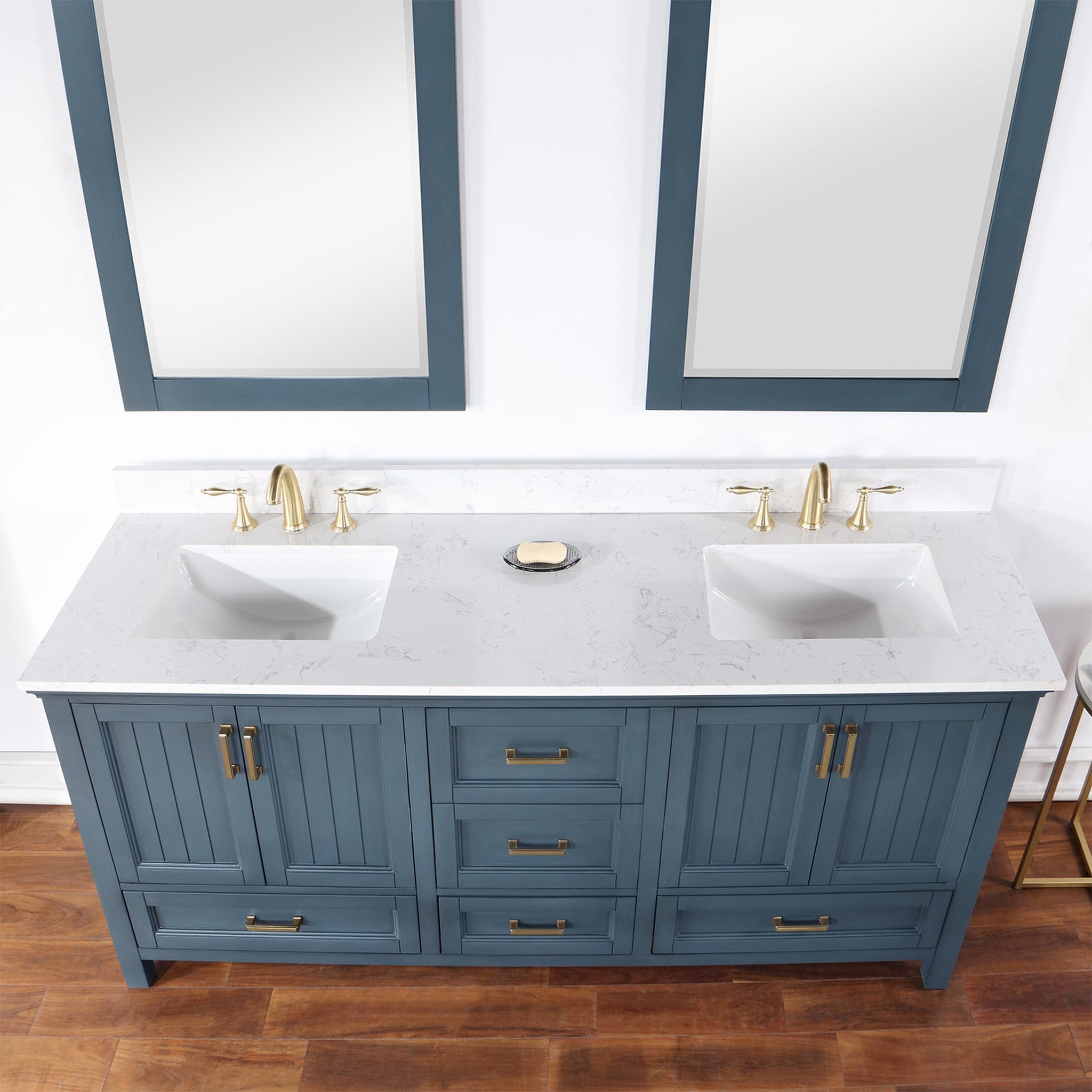 Isla 72" Double Bathroom Vanity Set in Classic Blue and Composite Carrara White Stone Countertop with Mirror