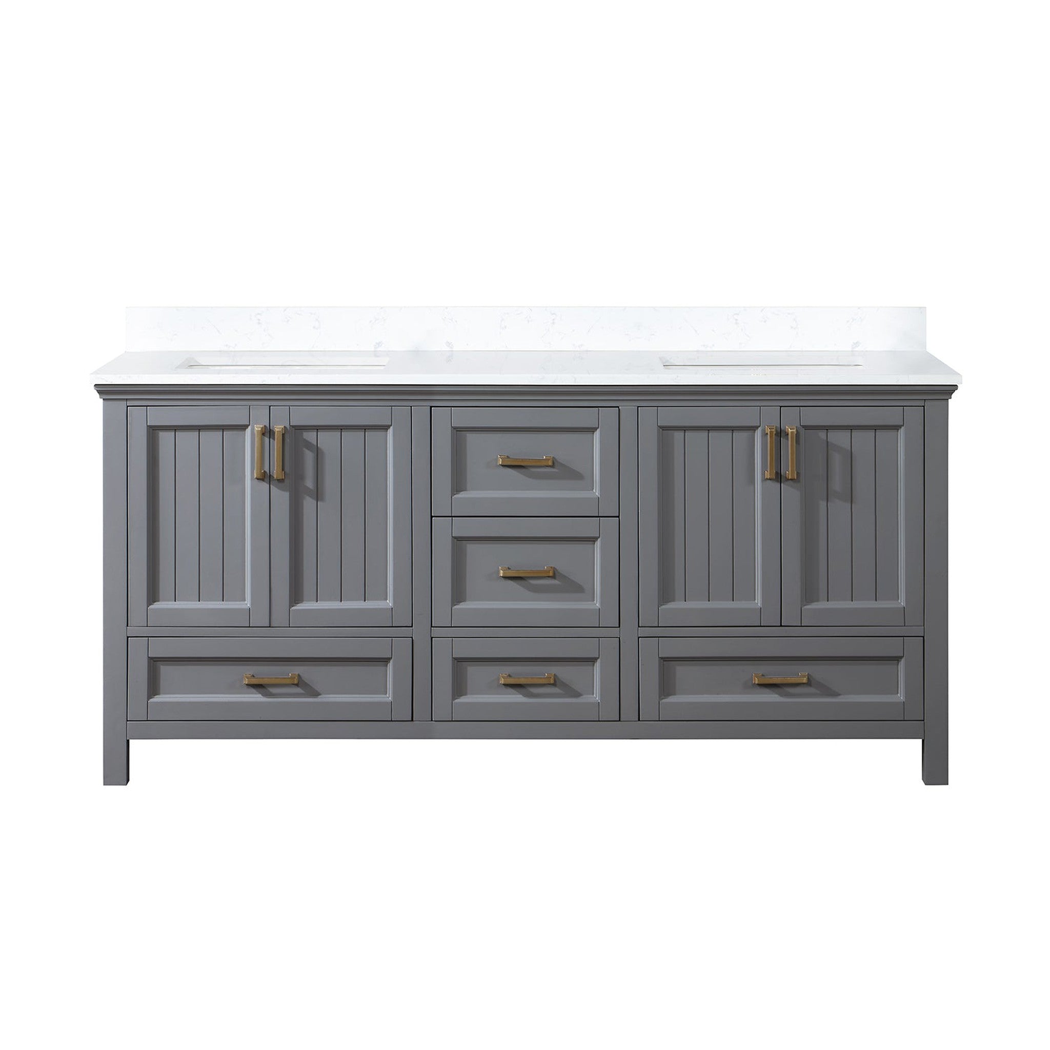 Isla 72" Double Bathroom Vanity Set in Gray and Composite Carrara White Stone Countertop without Mirror