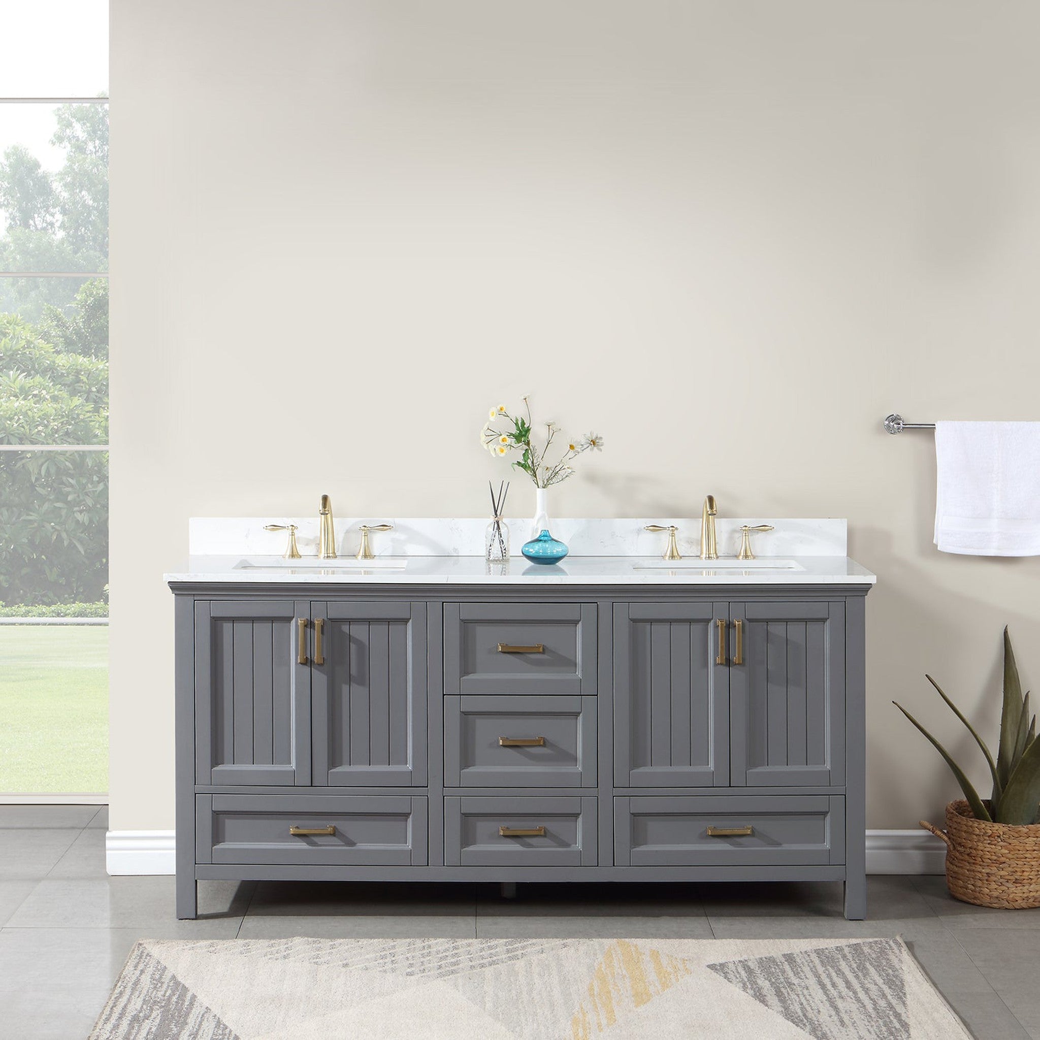 Isla 72" Double Bathroom Vanity Set in Gray and Composite Carrara White Stone Countertop without Mirror