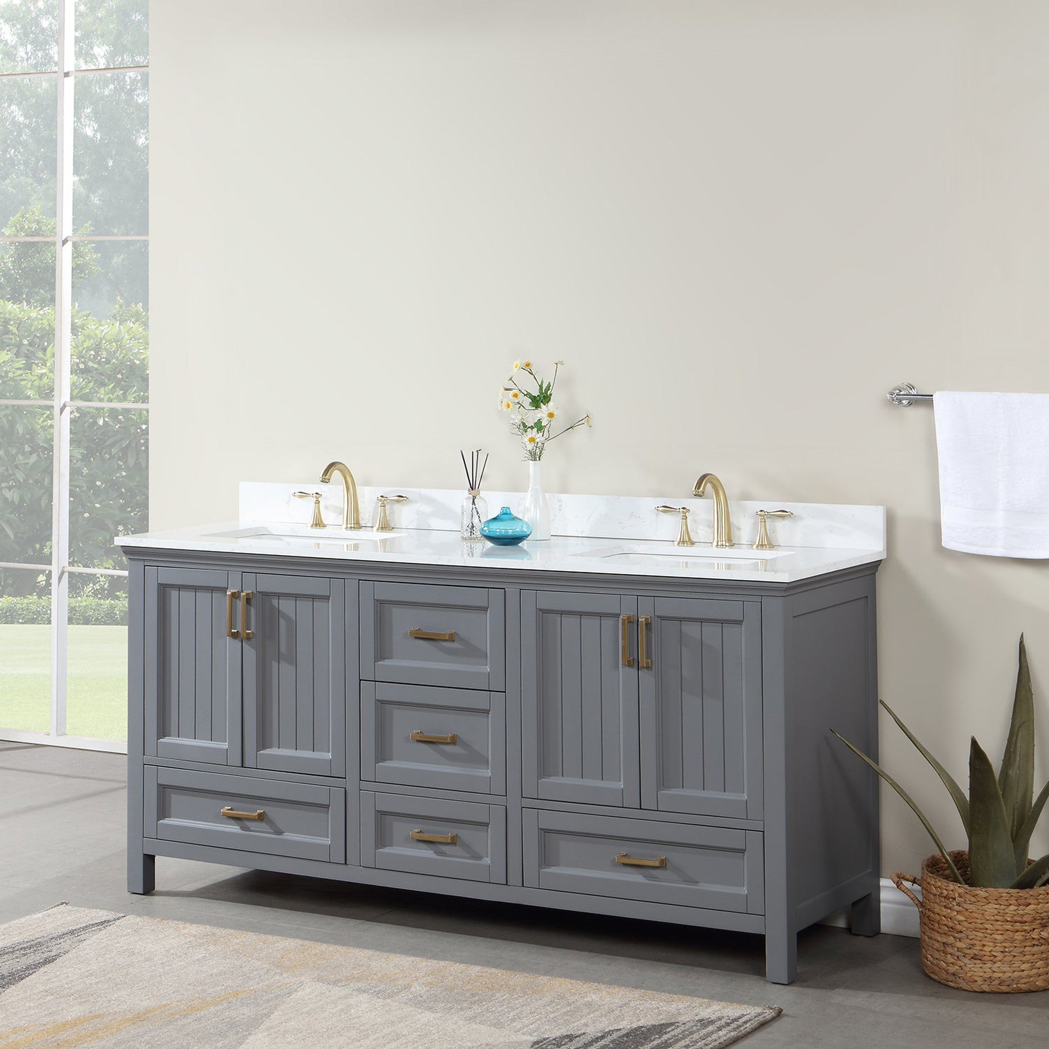 Isla 72" Double Bathroom Vanity Set in Gray and Composite Carrara White Stone Countertop without Mirror