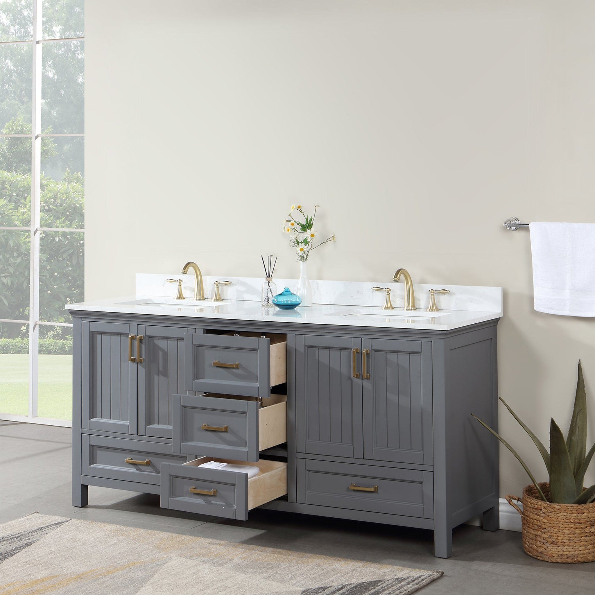 Isla 72" Double Bathroom Vanity Set in Gray and Composite Carrara White Stone Countertop without Mirror