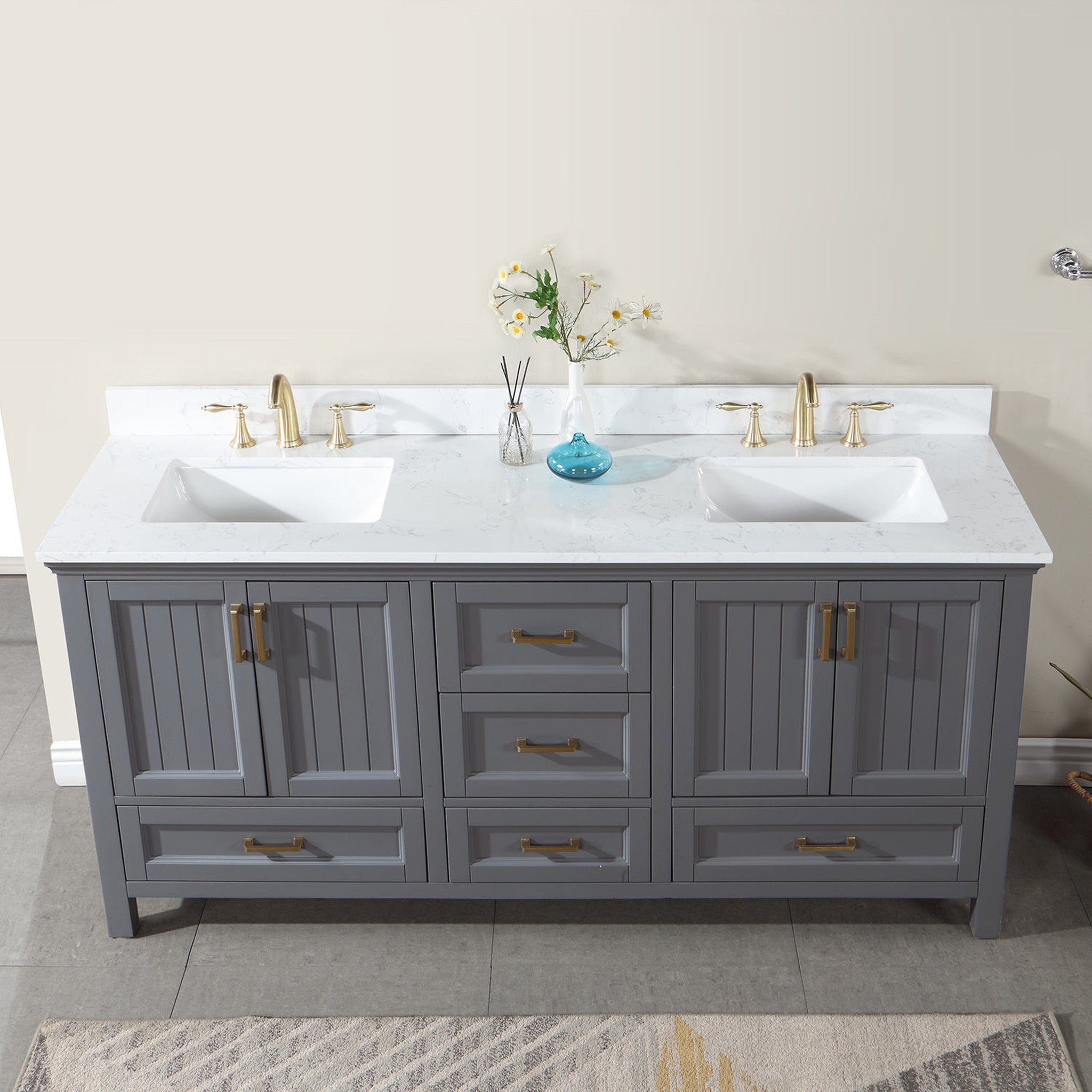 Isla 72" Double Bathroom Vanity Set in Gray and Composite Carrara White Stone Countertop without Mirror