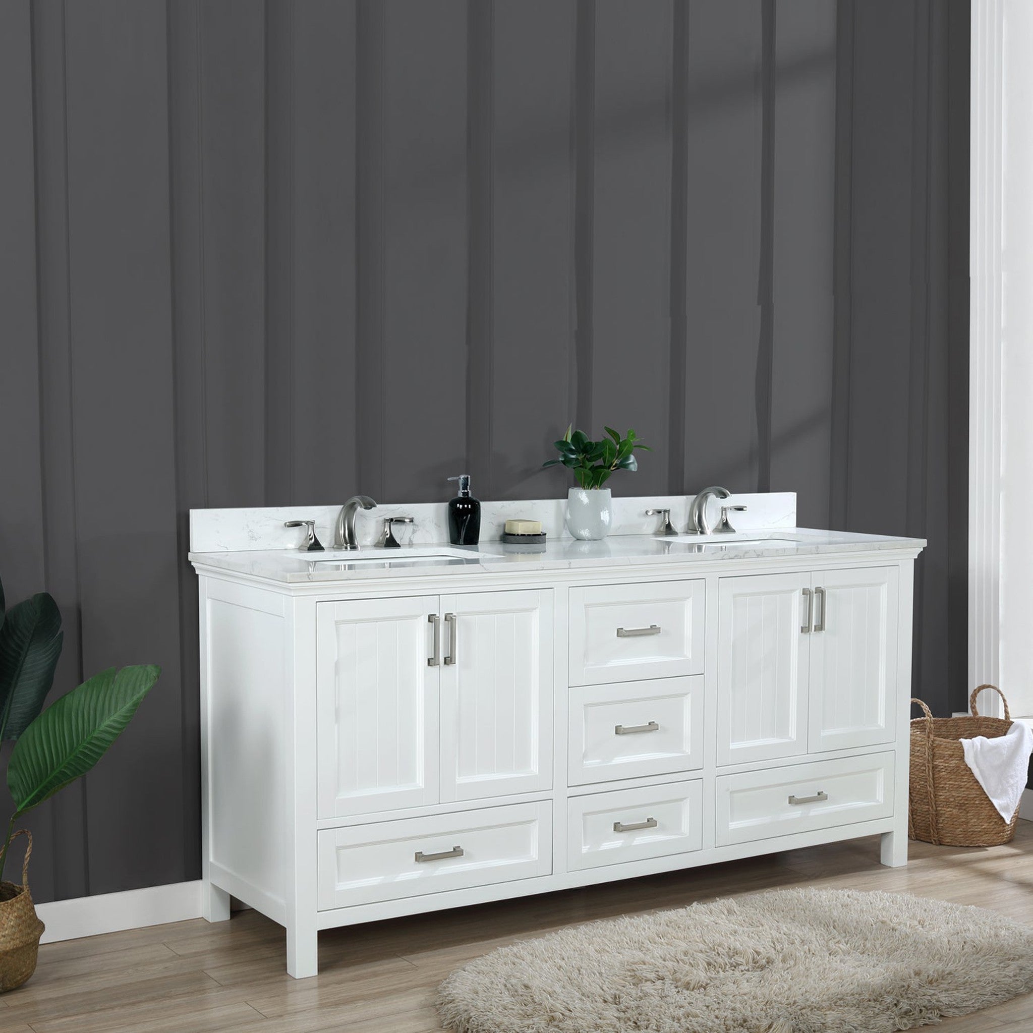 Isla 72" Double Bathroom Vanity Set in White and Carrara White Marble Countertop without Mirror