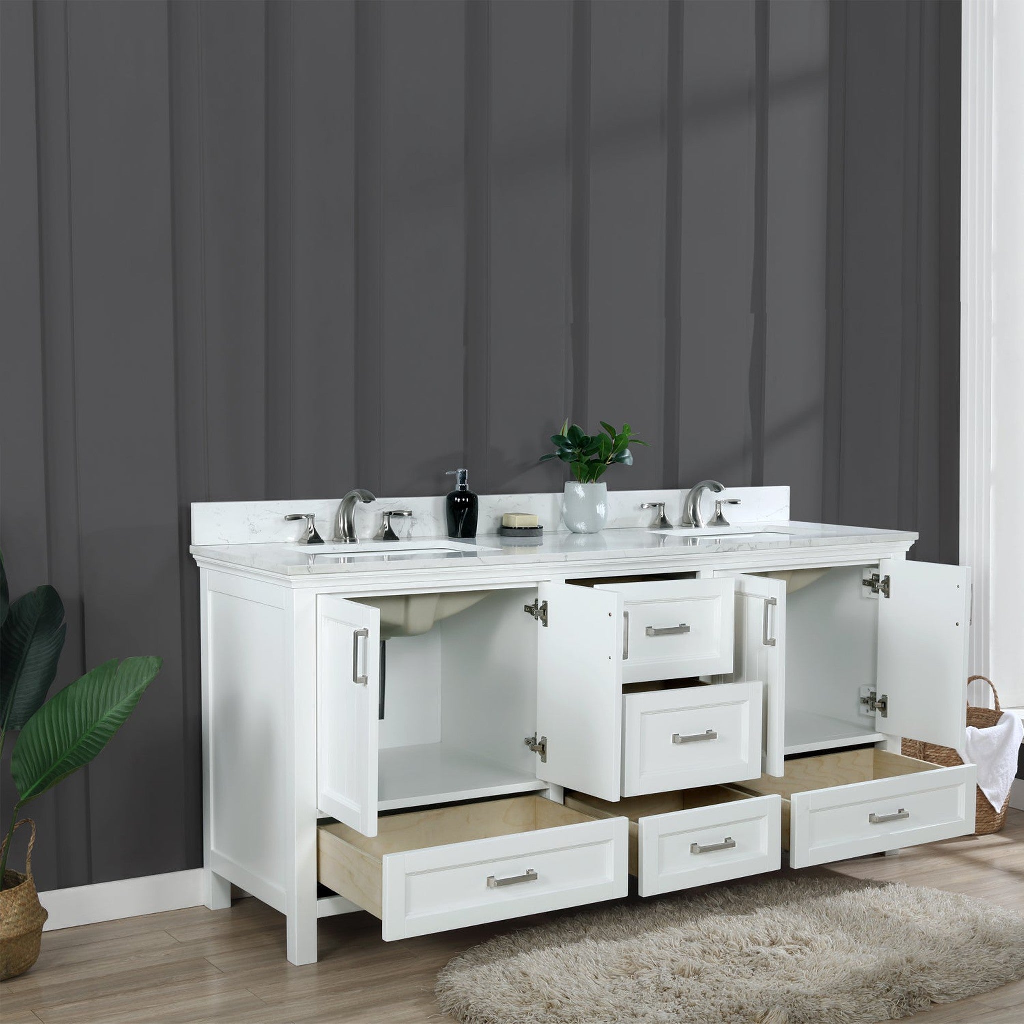 Isla 72" Double Bathroom Vanity Set in White and Carrara White Marble Countertop without Mirror