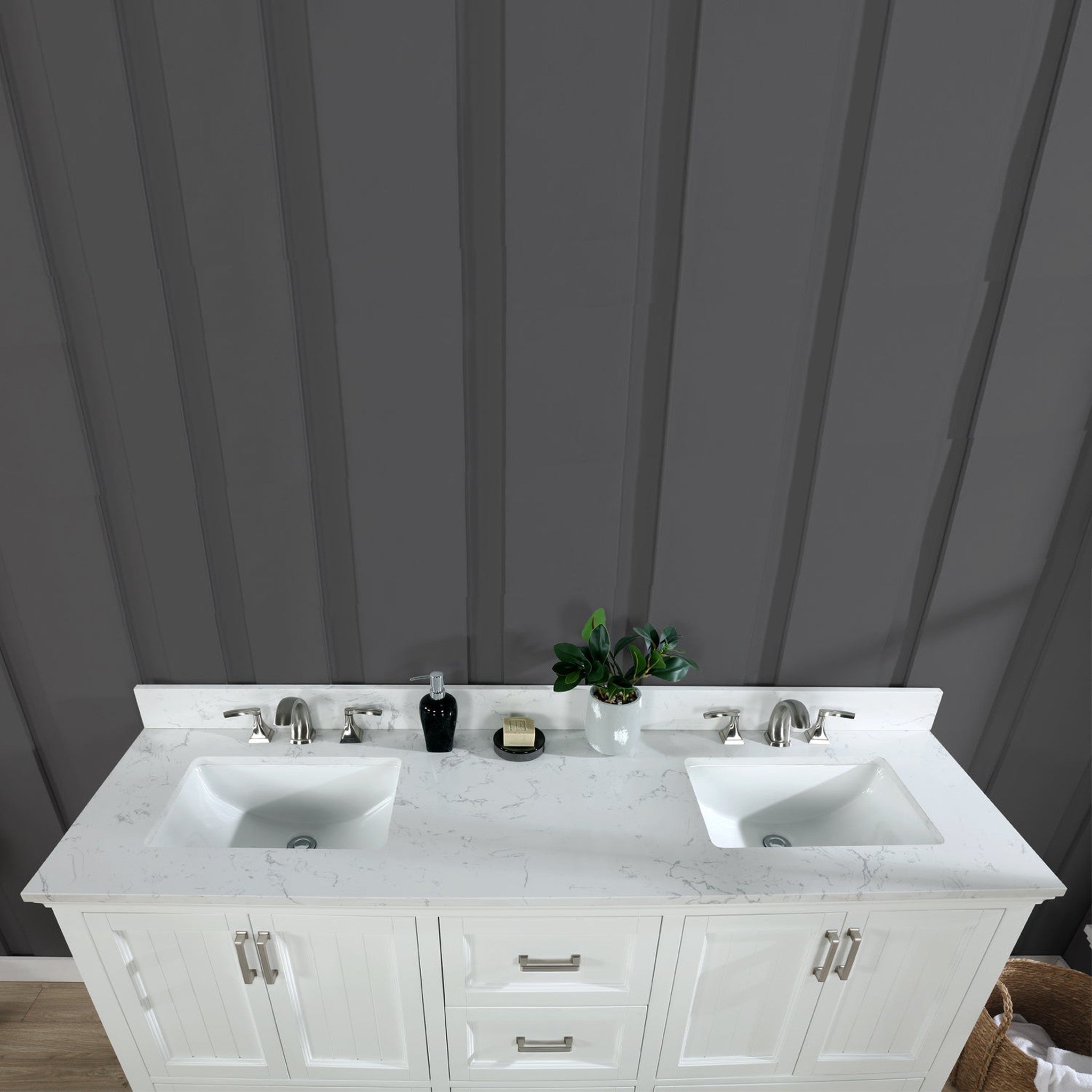 Isla 72" Double Bathroom Vanity Set in White and Carrara White Marble Countertop without Mirror