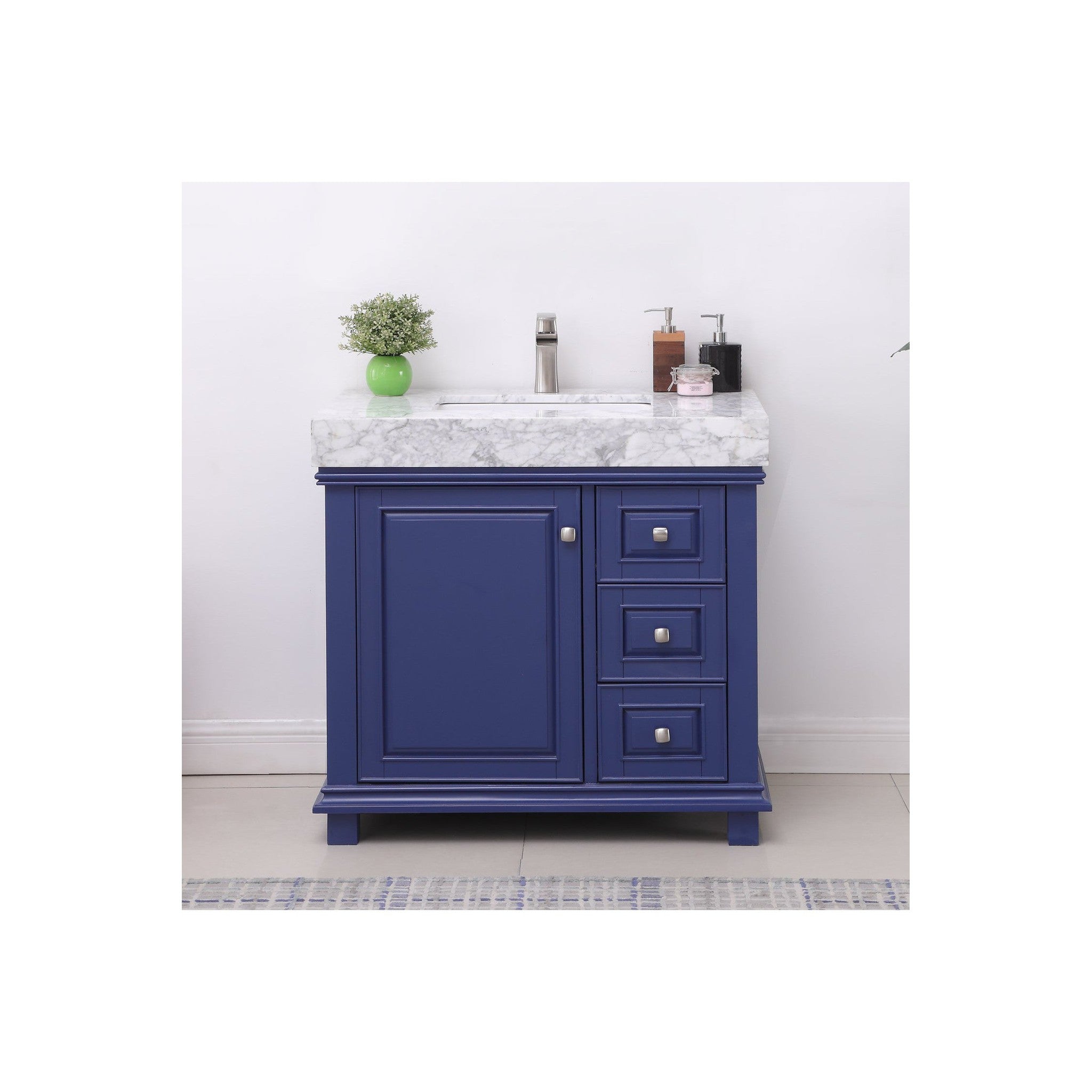 Jardin 36" Single Bathroom Vanity Set in Jewelry Blue and Carrara White Marble Countertop without Mirror