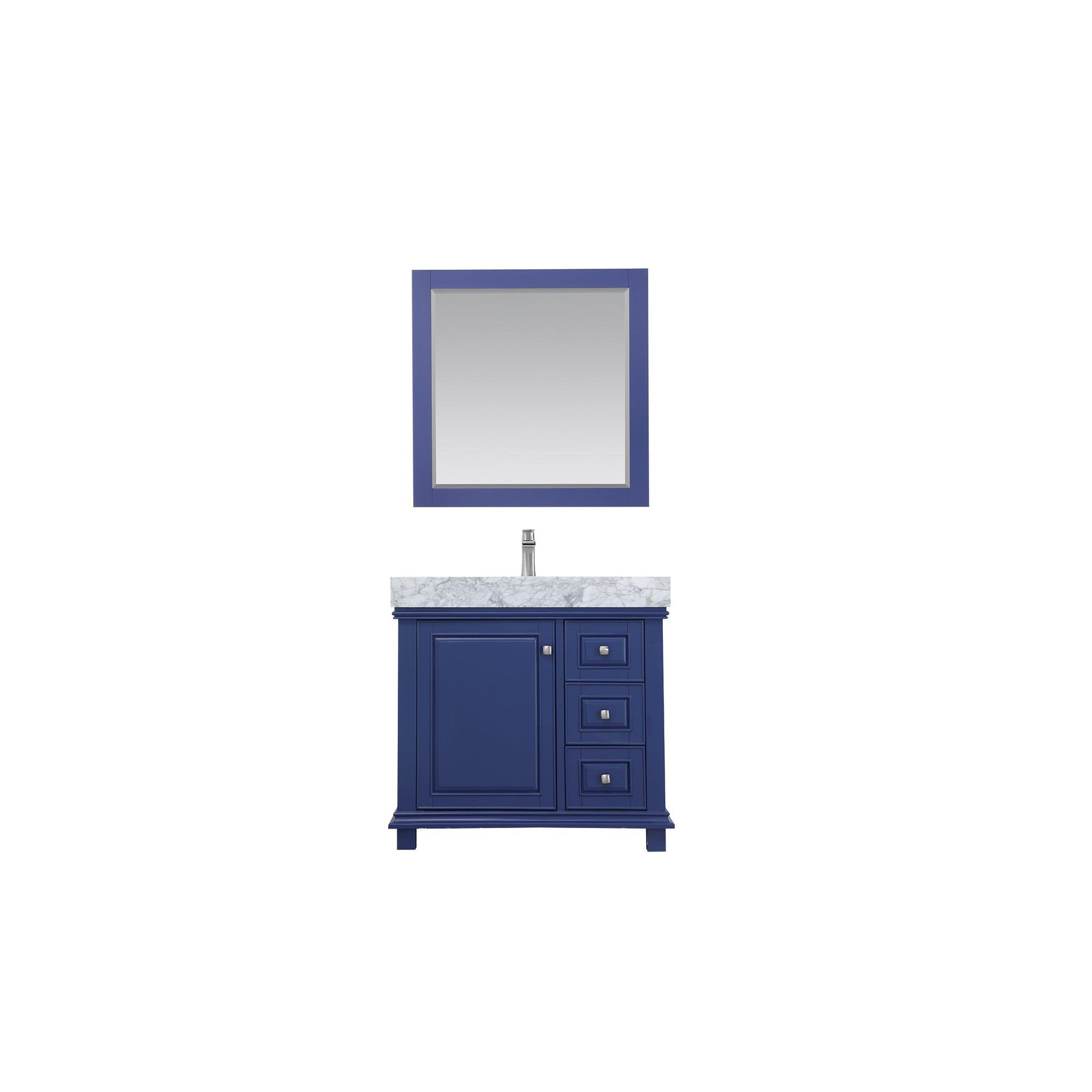 Jardin 36" Single Bathroom Vanity Set in Jewelry Blue and Carrara White Marble Countertop with Mirror