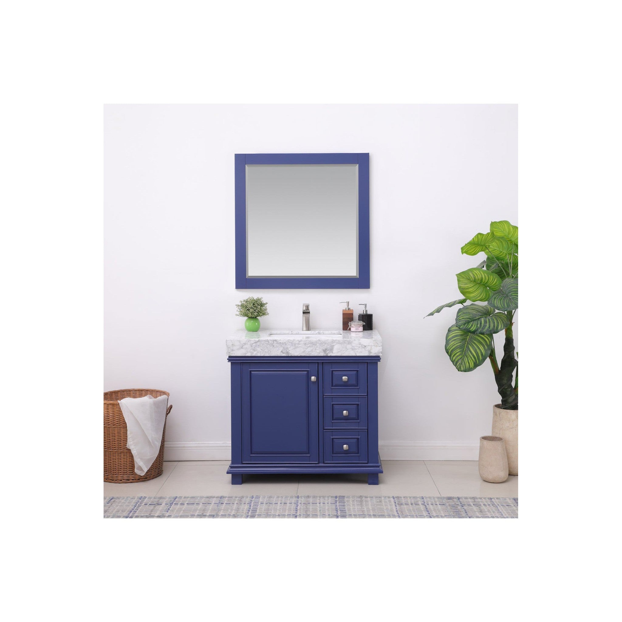 Jardin 36" Single Bathroom Vanity Set in Jewelry Blue and Carrara White Marble Countertop with Mirror