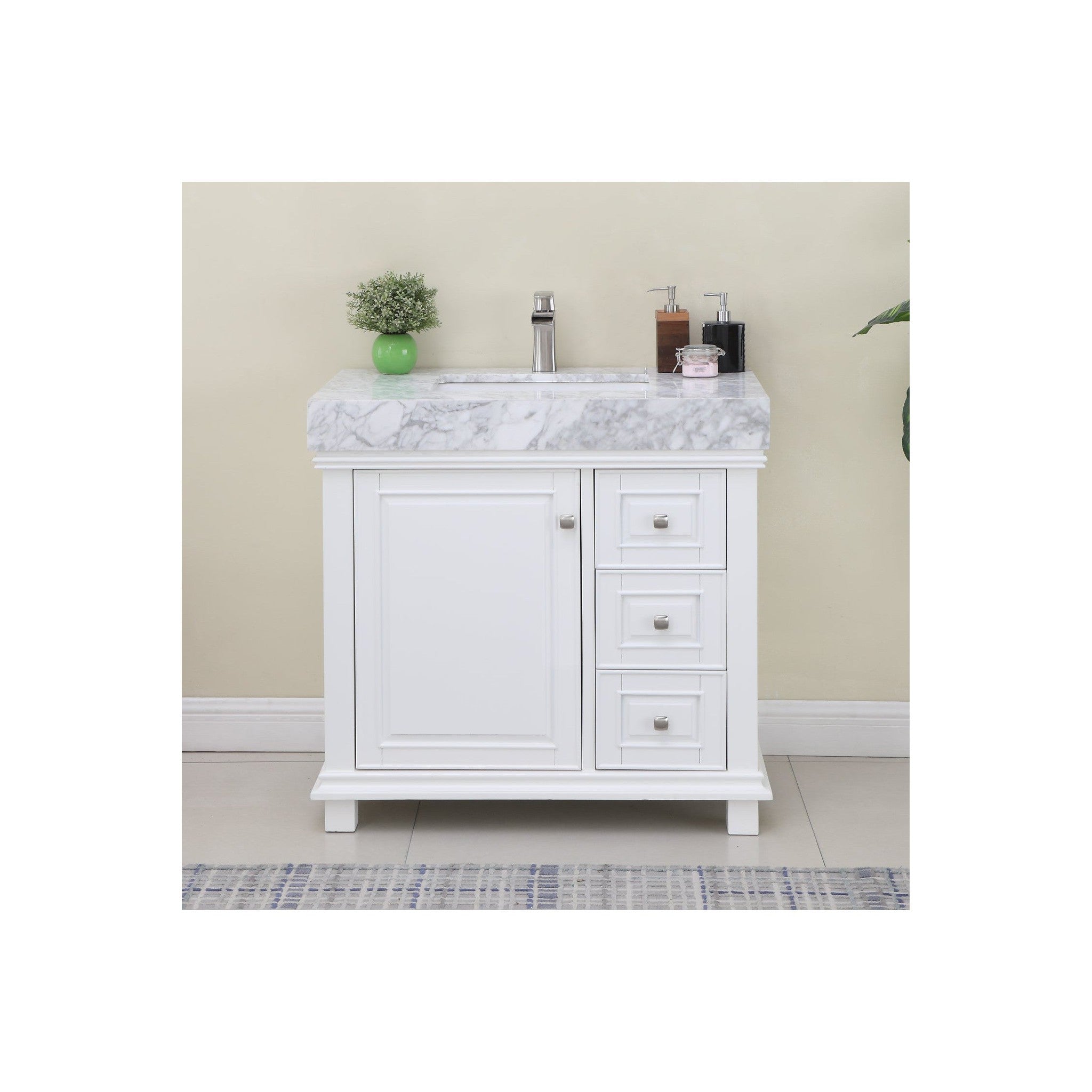 Jardin 36" Single Bathroom Vanity Set in White and Carrara White Marble Countertop without Mirror