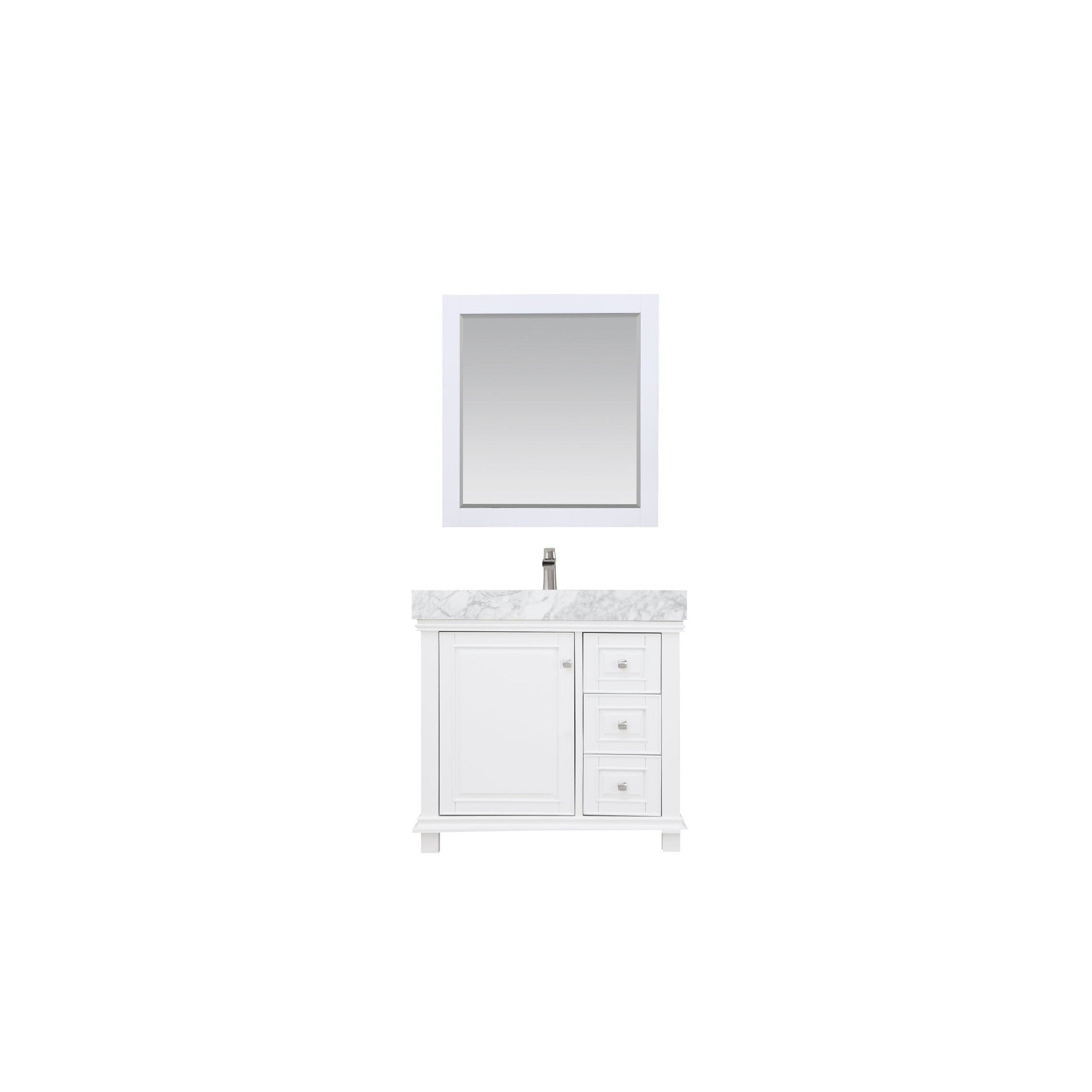 Jardin 36" Single Bathroom Vanity Set in White and Carrara White Marble Countertop with Mirror