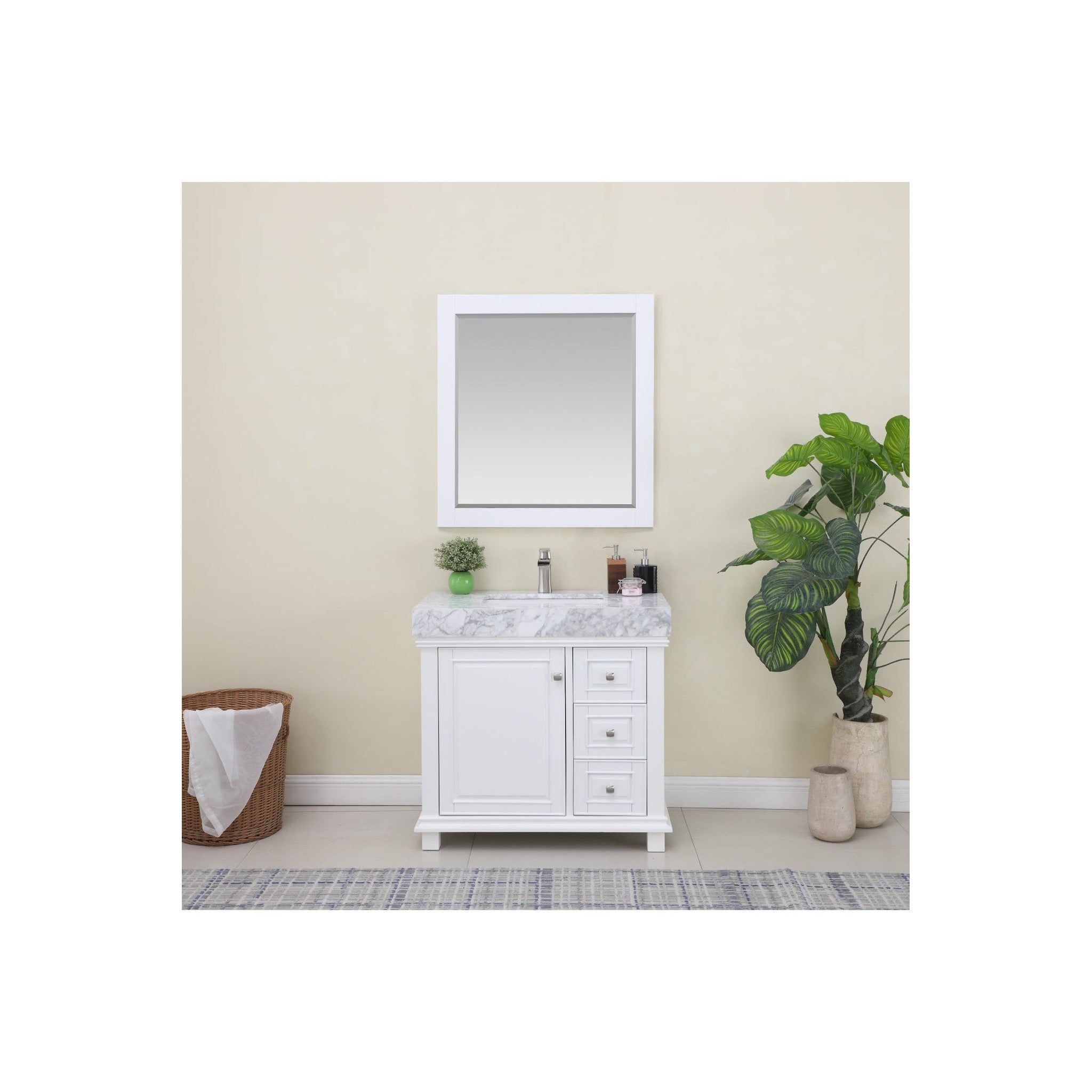 Jardin 36" Single Bathroom Vanity Set in White and Carrara White Marble Countertop with Mirror